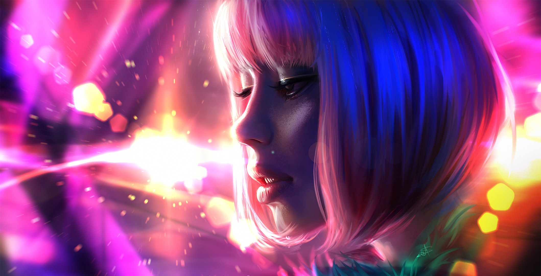 Woman with pink and blue hair in neon lights HD Wallpaper