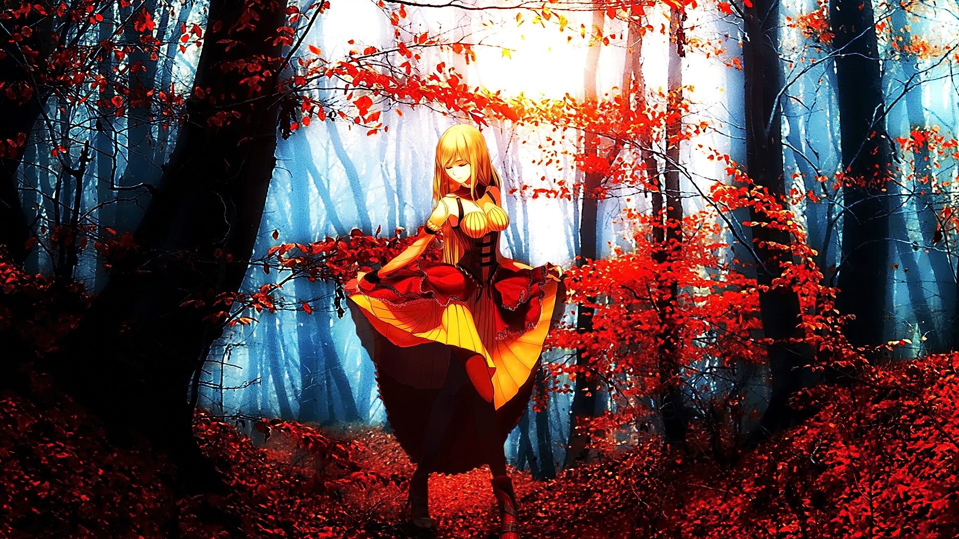 Anime girl with blonde hair in a red dress HD Wallpaper