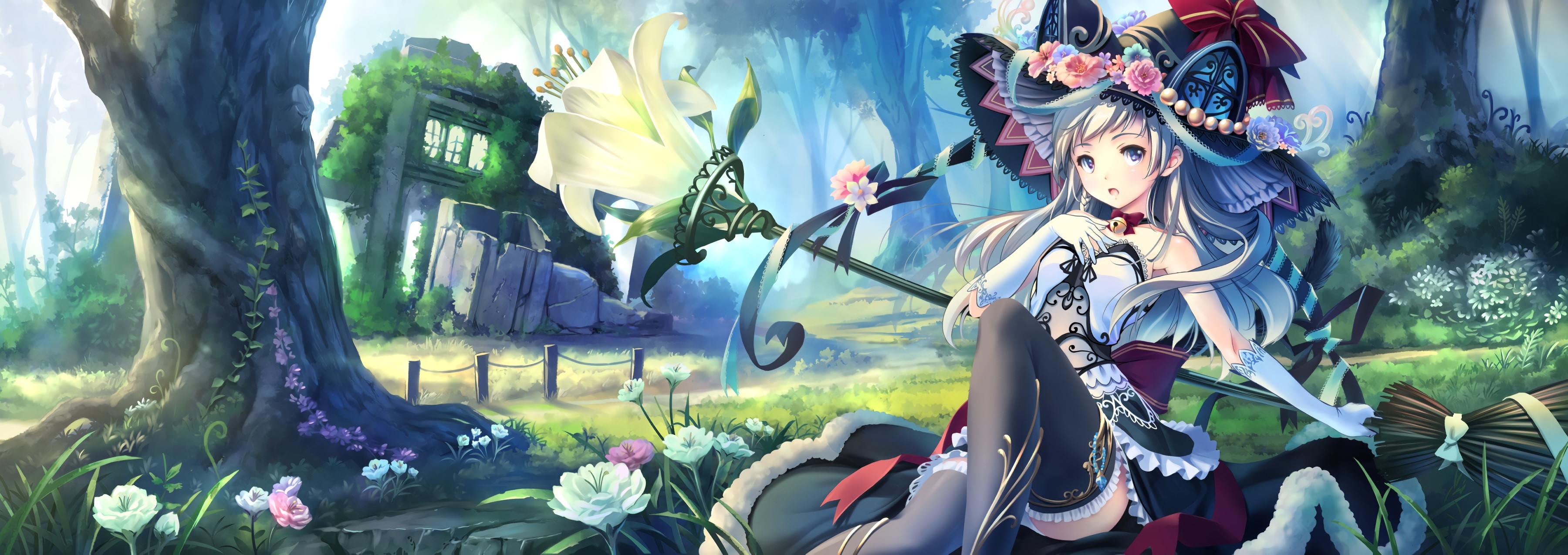 Anime girl with staff and hat in ruins HD Wallpaper