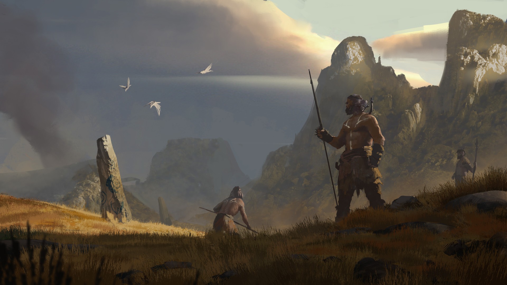 Cavemen with spears in a rocky, grassy landscape HD Wallpaper