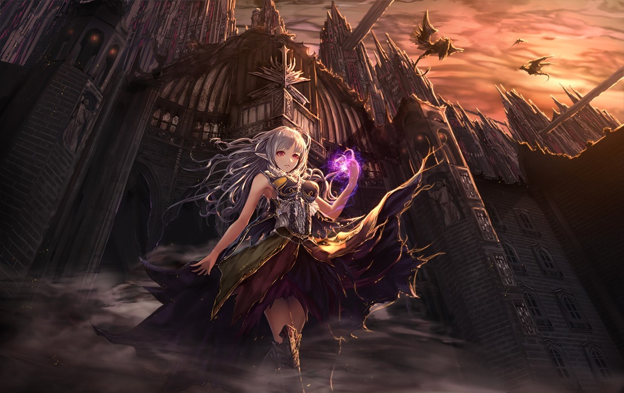 Fantasy art of a sorceress with dragons and a castle HD Wallpaper