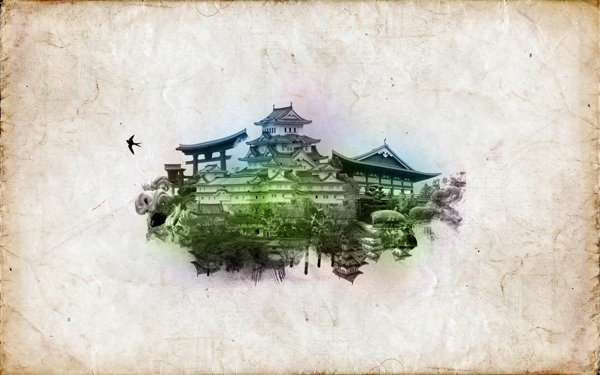 Digital art of Asian architecture with a bird HD Wallpaper