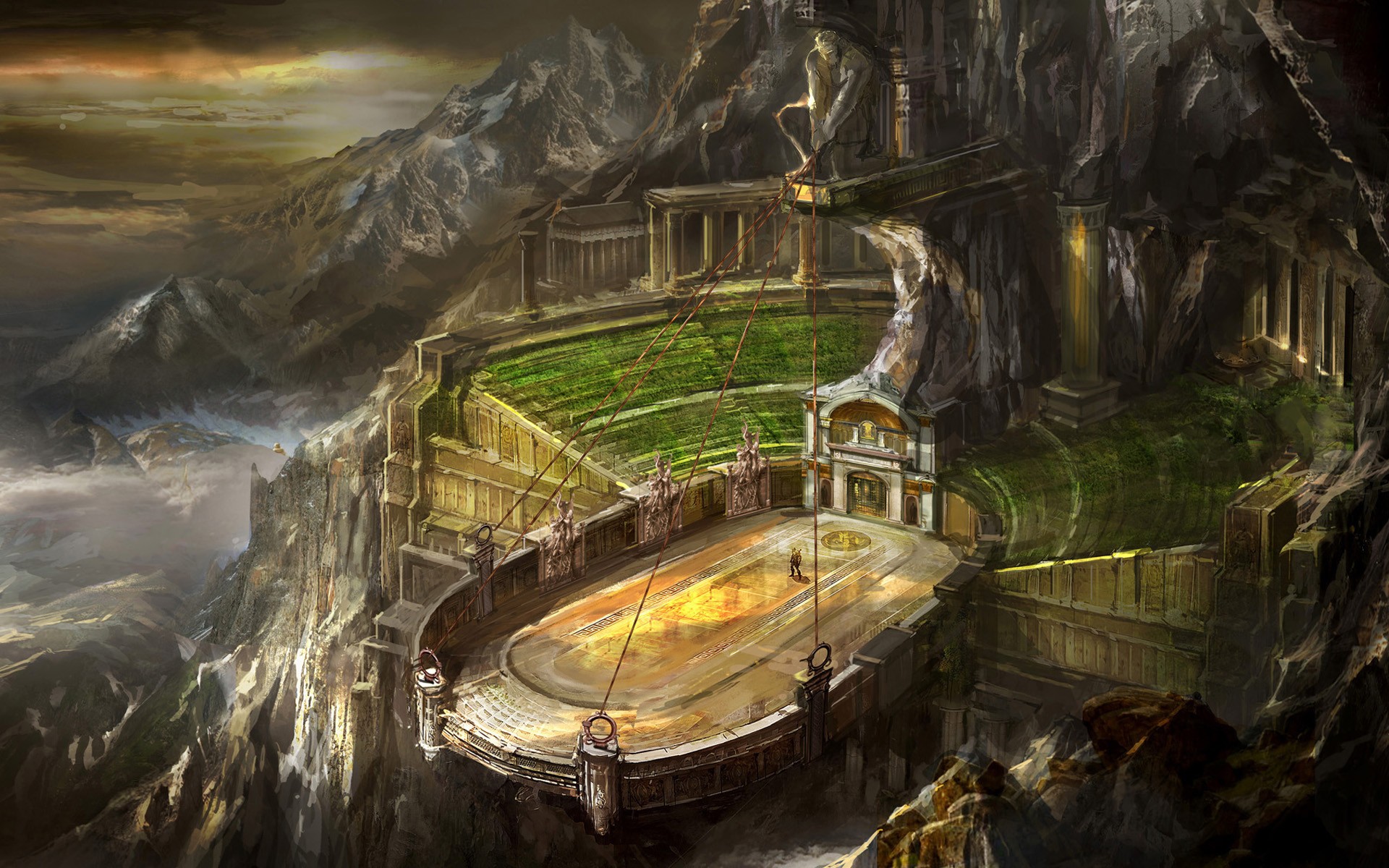 Fantasy arena on a cliffside with mountains HD Wallpaper
