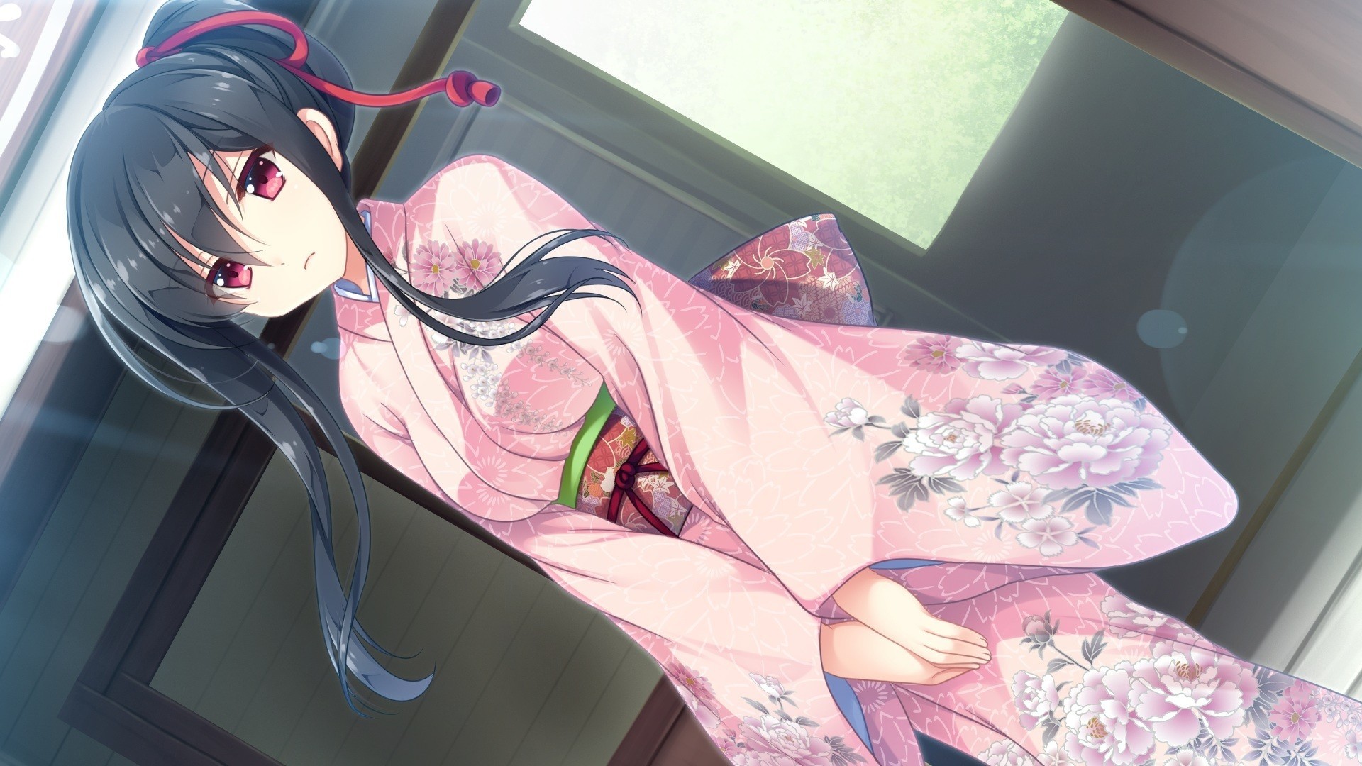 Anime girl in a pink kimono with floral patterns HD Wallpaper