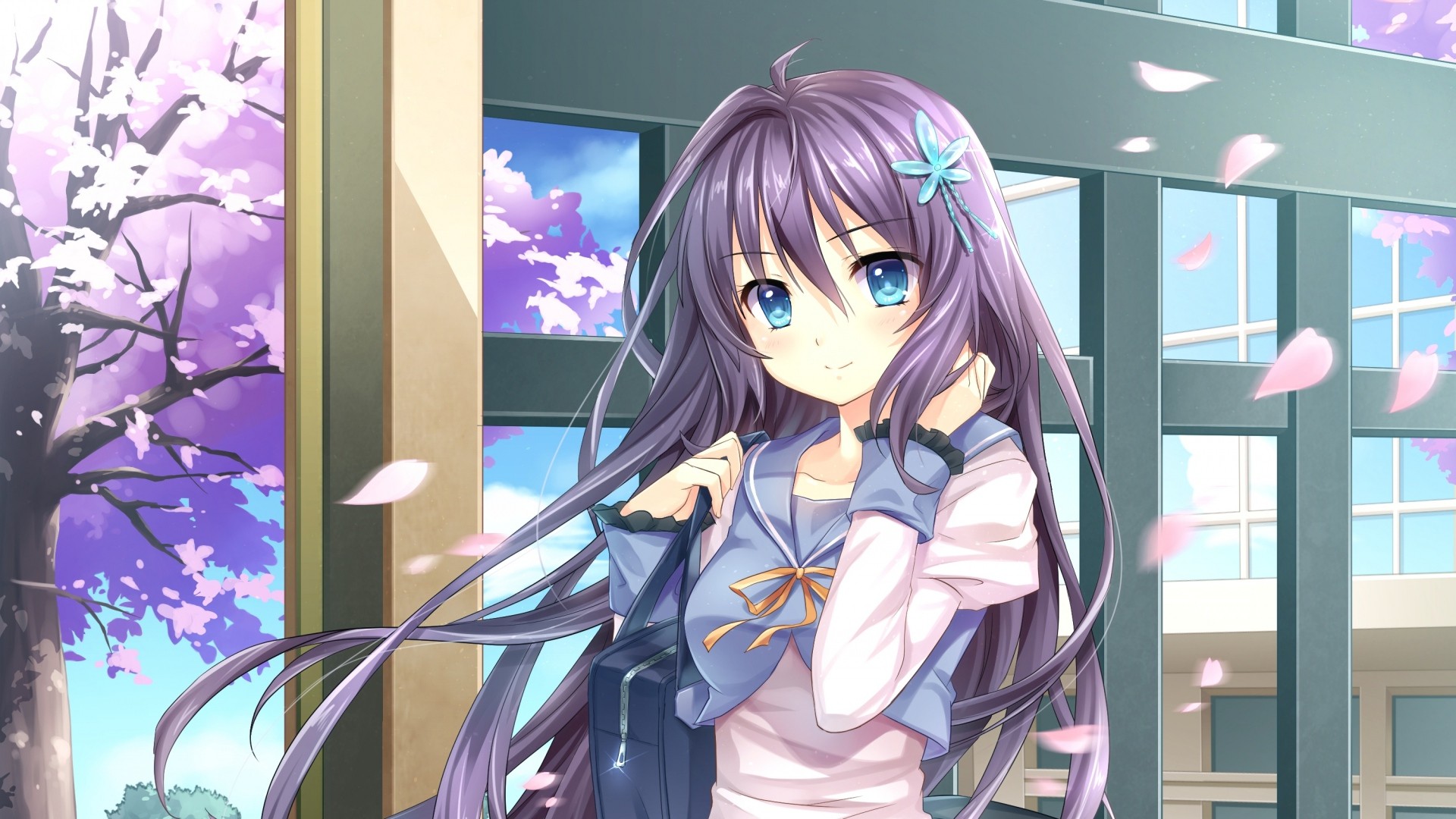 Anime girl with long purple hair and blue eyes HD Wallpaper