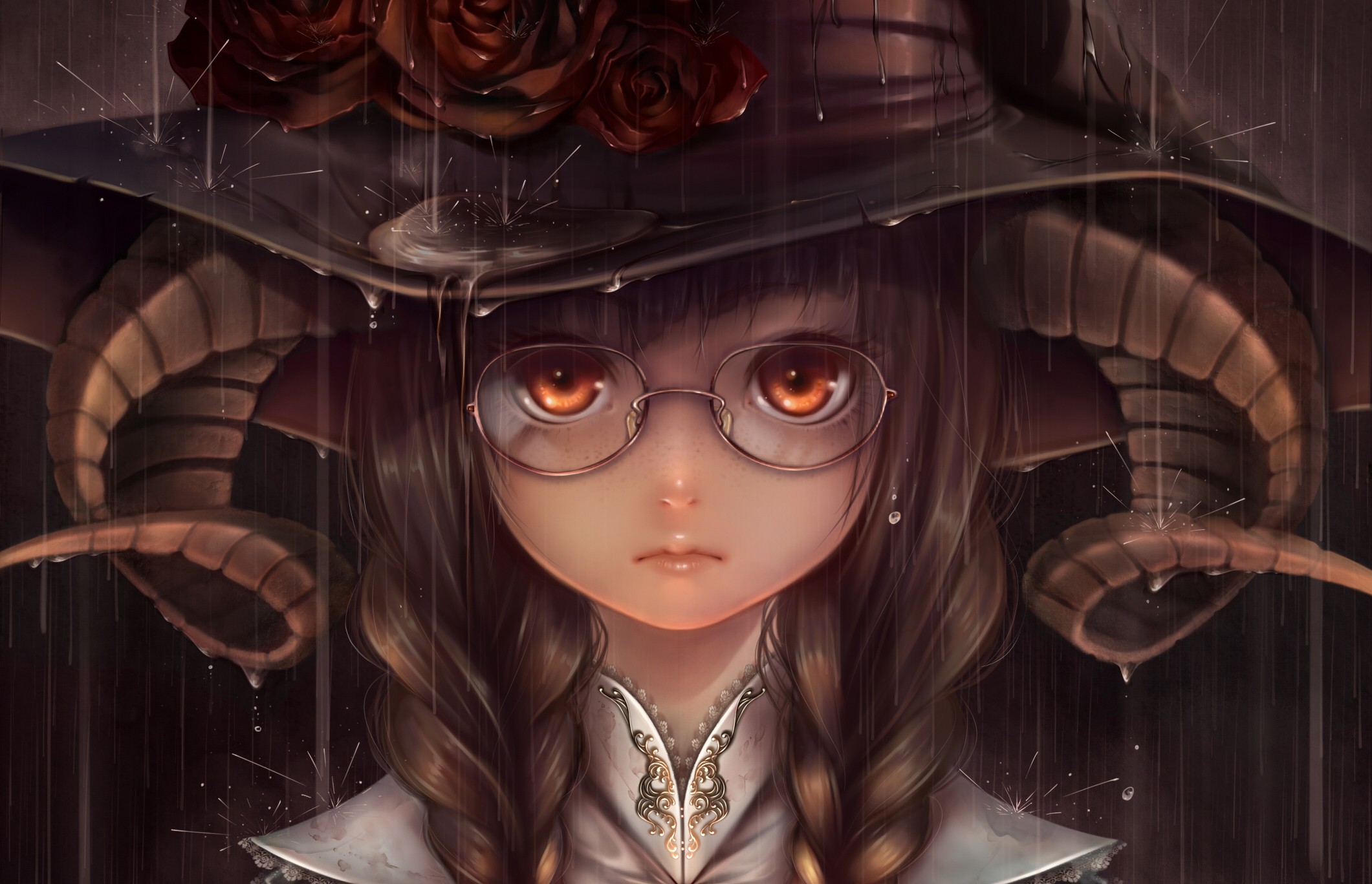 Anime girl with horns and glasses in the rain HD Wallpaper