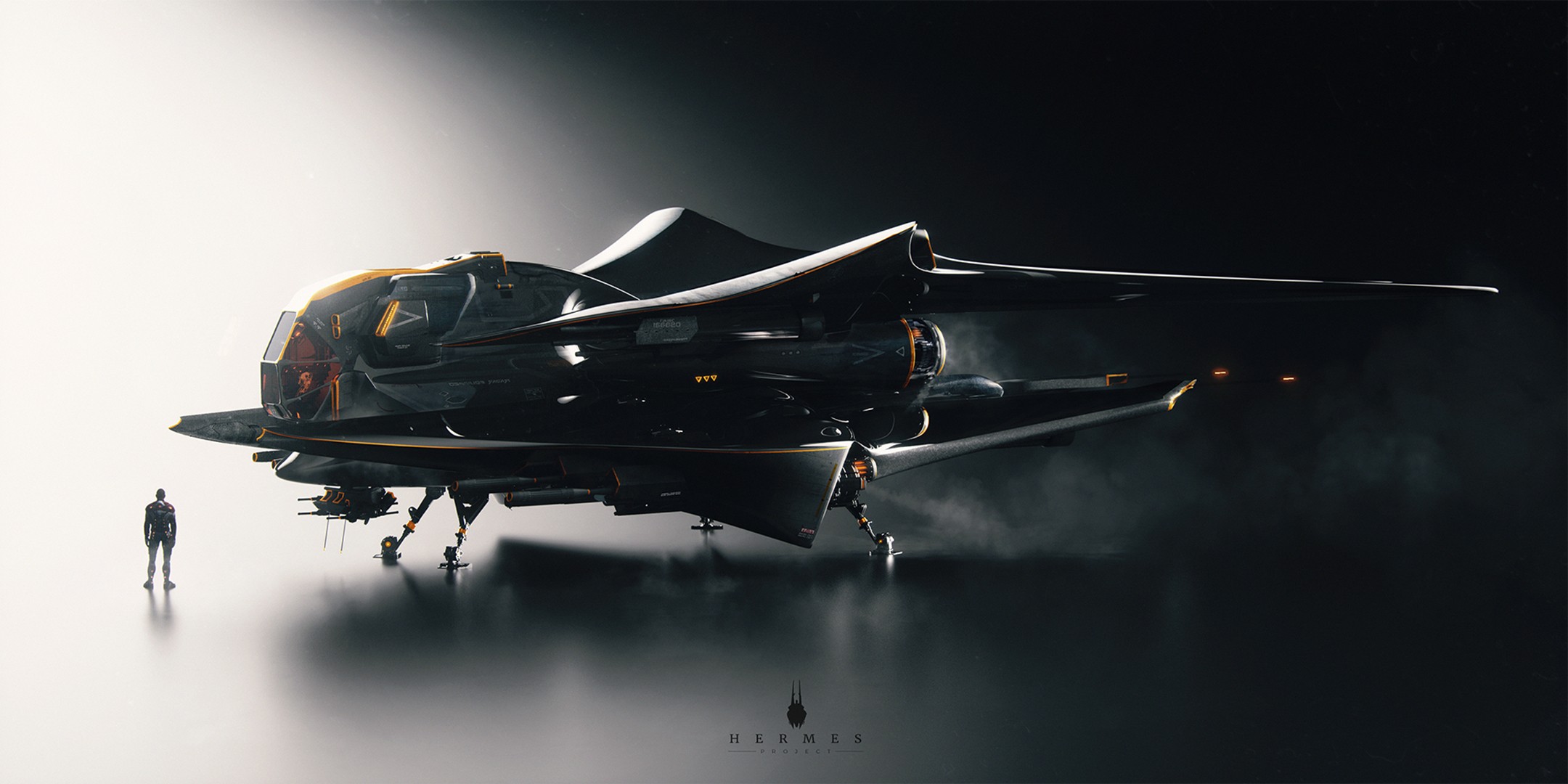 Futuristic spaceship with a person standing next to it HD Wallpaper