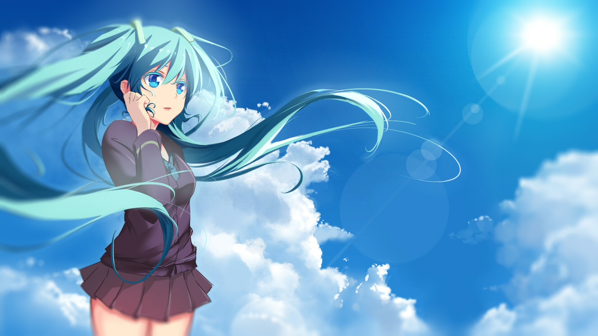 Hatsune Miku with long twintails against a bright blue sky HD Wallpaper