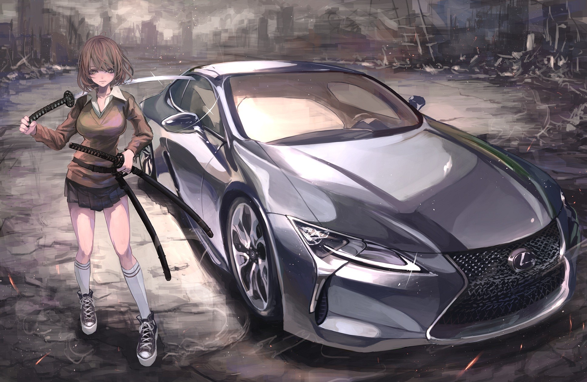 Anime girl with katanas and Lexus in ruins HD Wallpaper