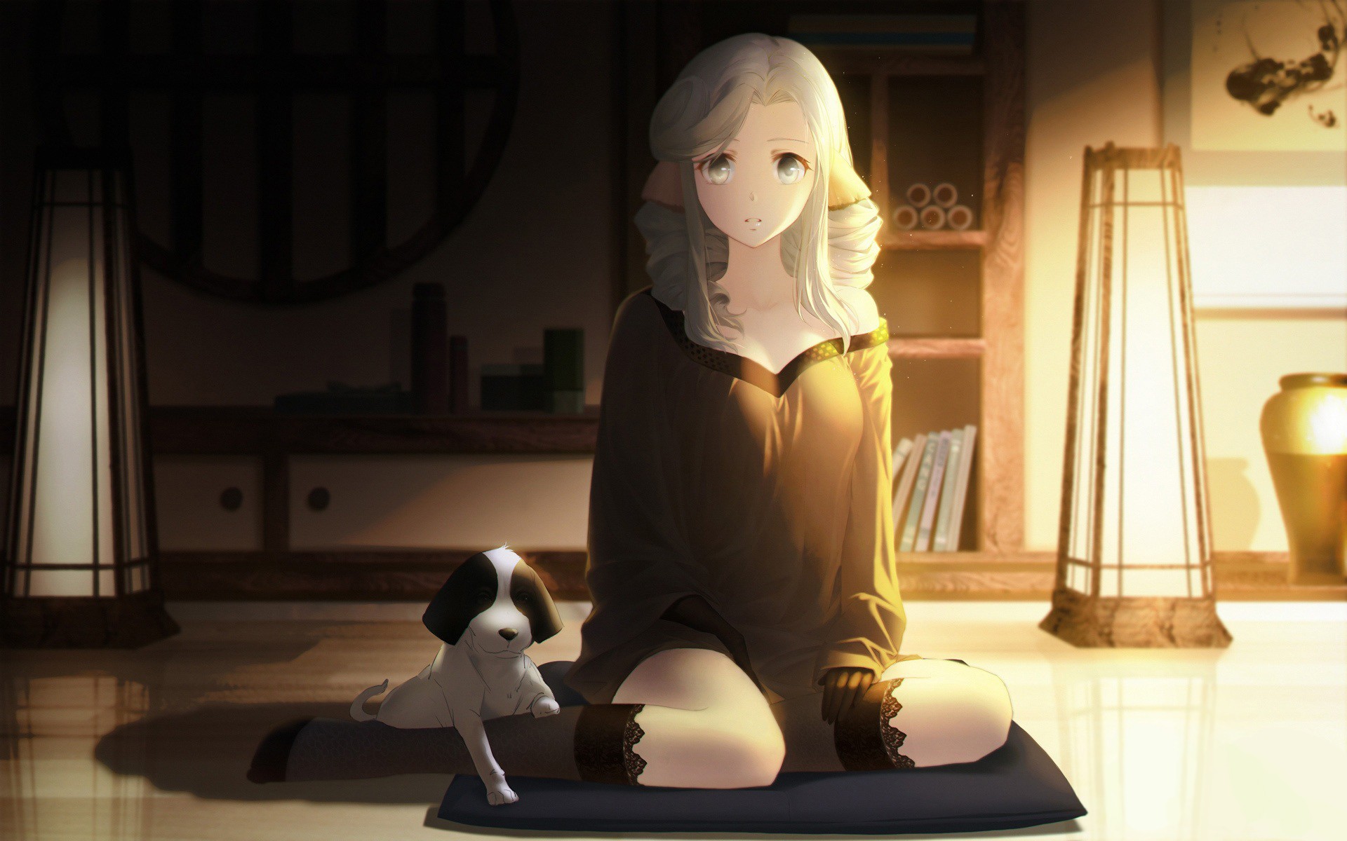 Munechika with a dog in a room HD Wallpaper