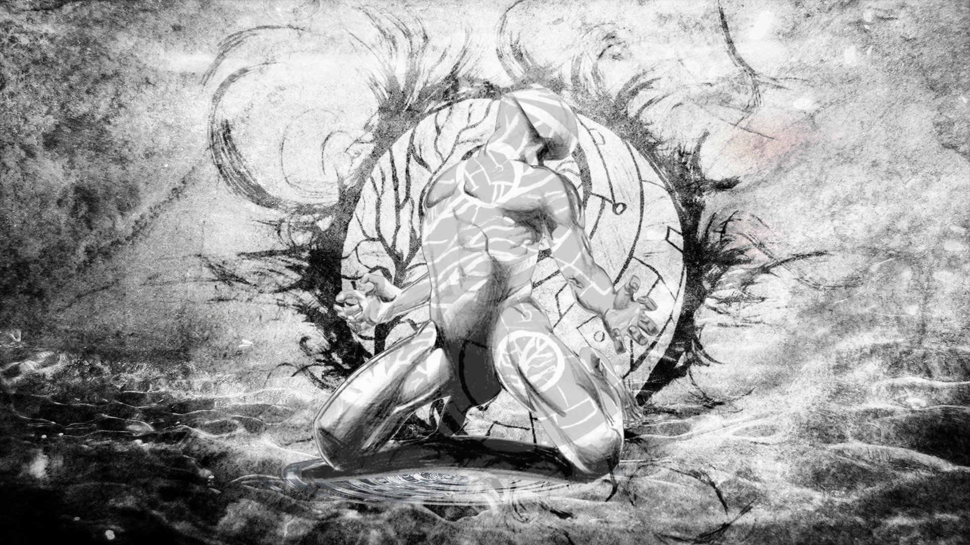 Man with white markings kneeling in front of a circular design HD Wallpaper