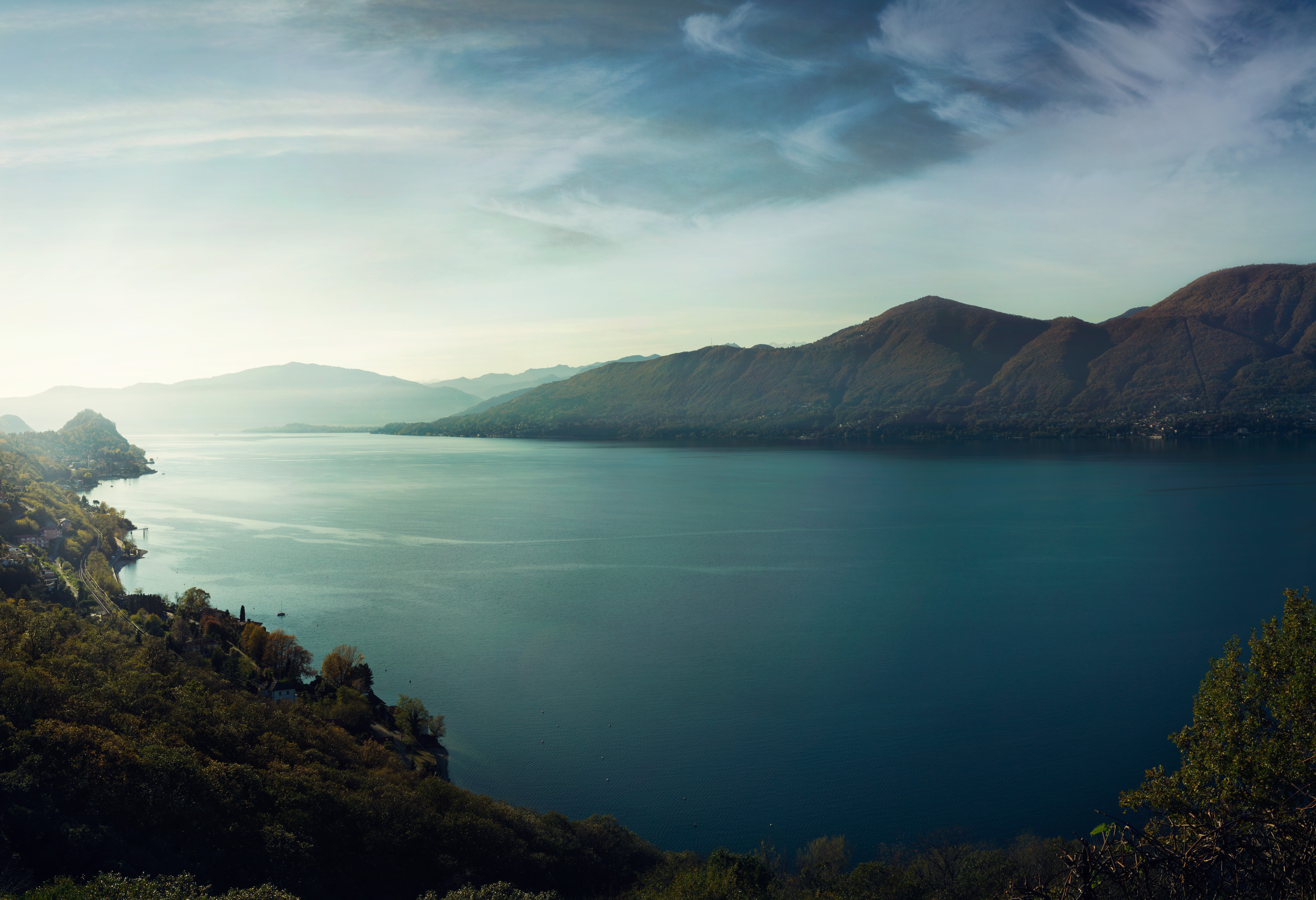 Lake and mountains landscape with trees and sky HD Wallpaper