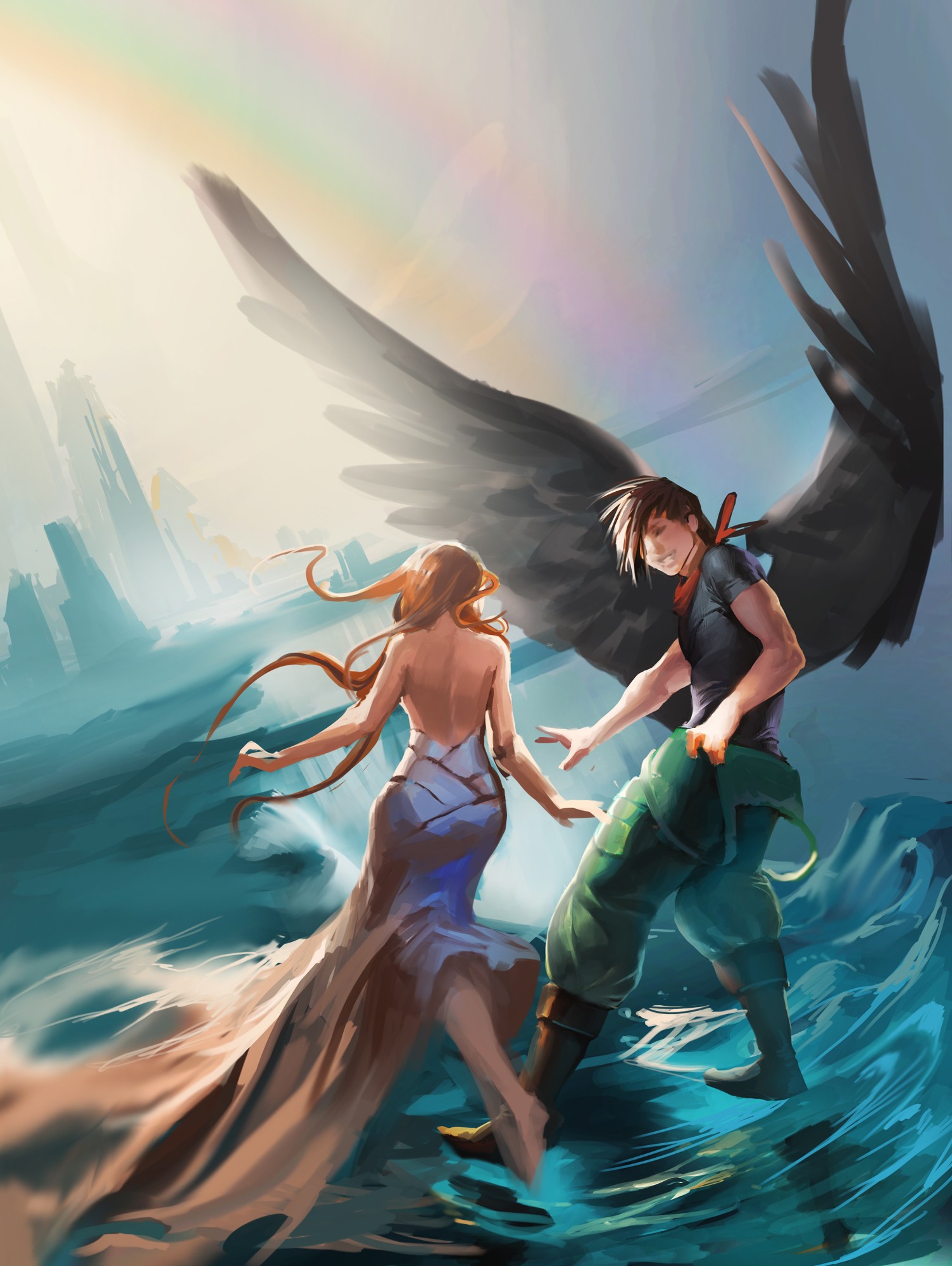 A woman and a winged man in a fantasy landscape HD Wallpaper