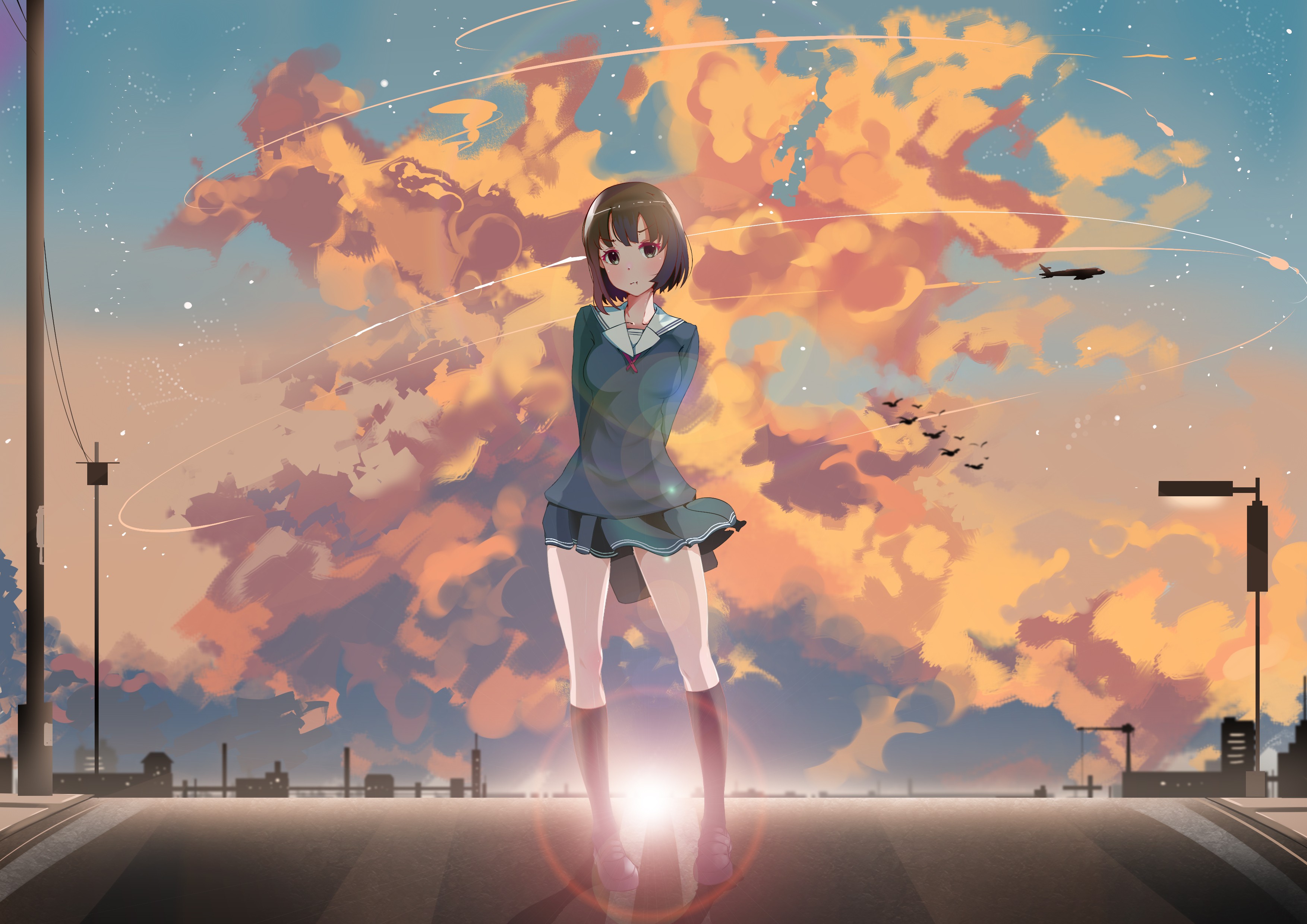 Katou Megumi in a school uniform at sunset HD Wallpaper