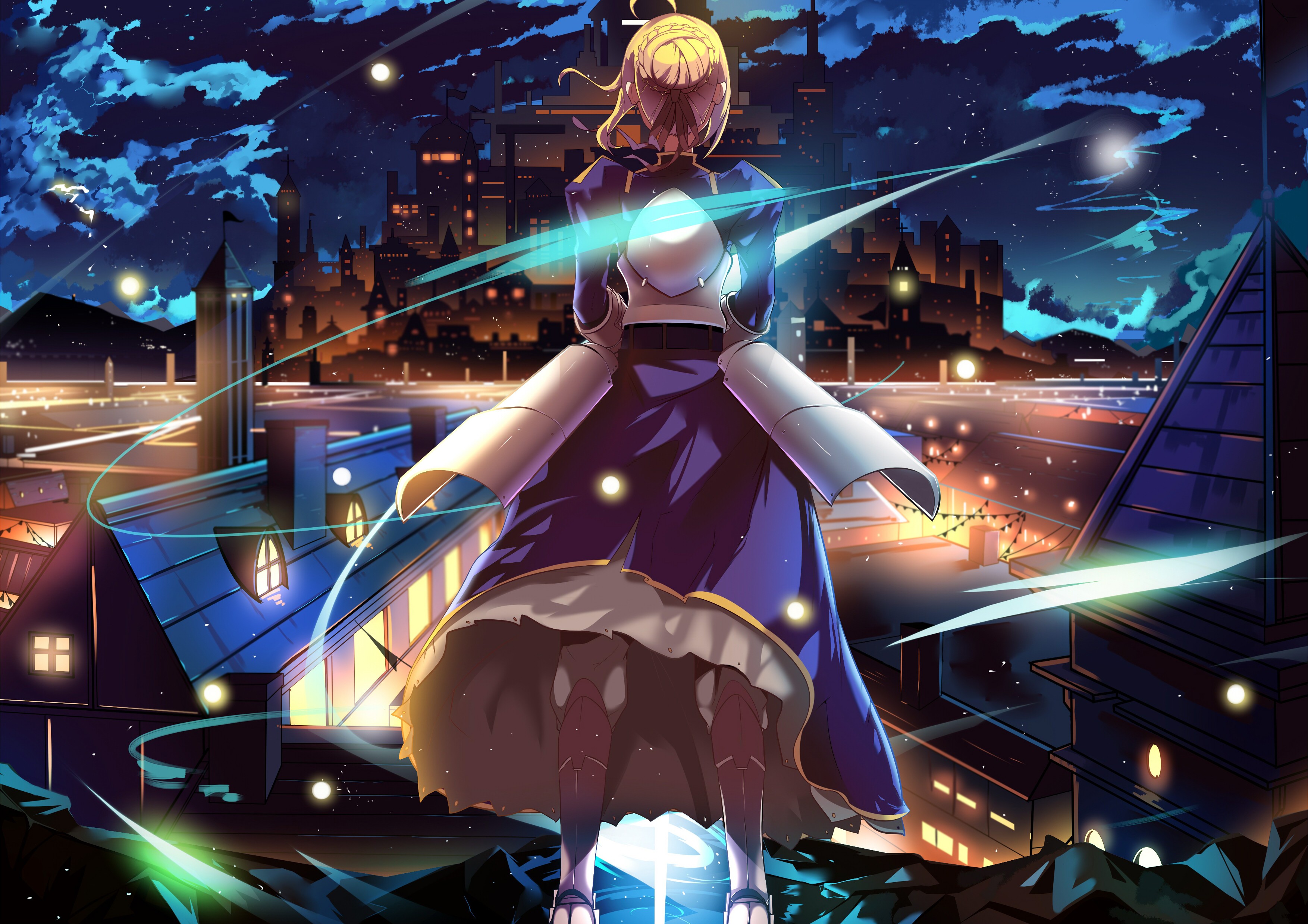 Saber in a city at night from Fate Series HD Wallpaper