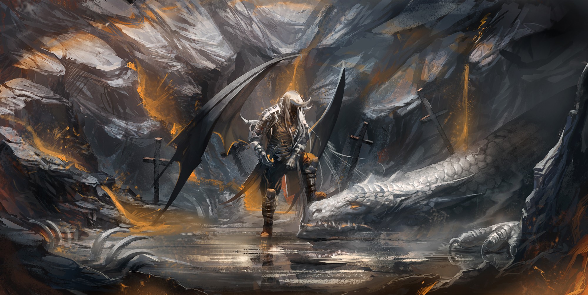 A winged figure and a dragon in a cave HD Wallpaper
