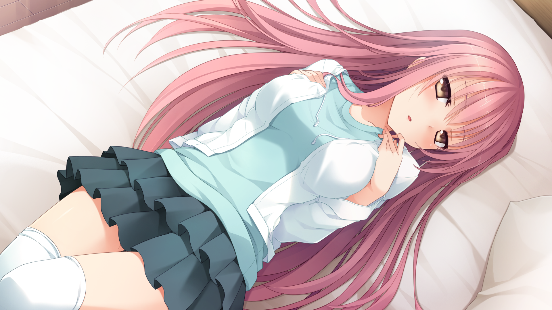 Anime girl with pink hair lying on a bed HD Wallpaper