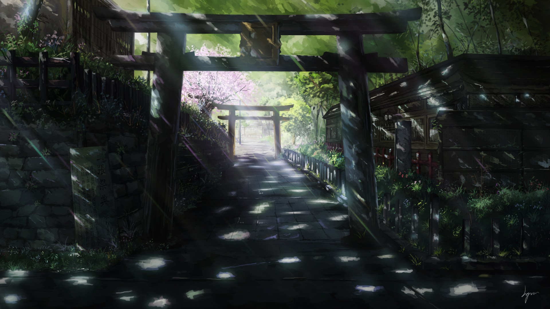 Anime torii gate path in a forest HD Wallpaper