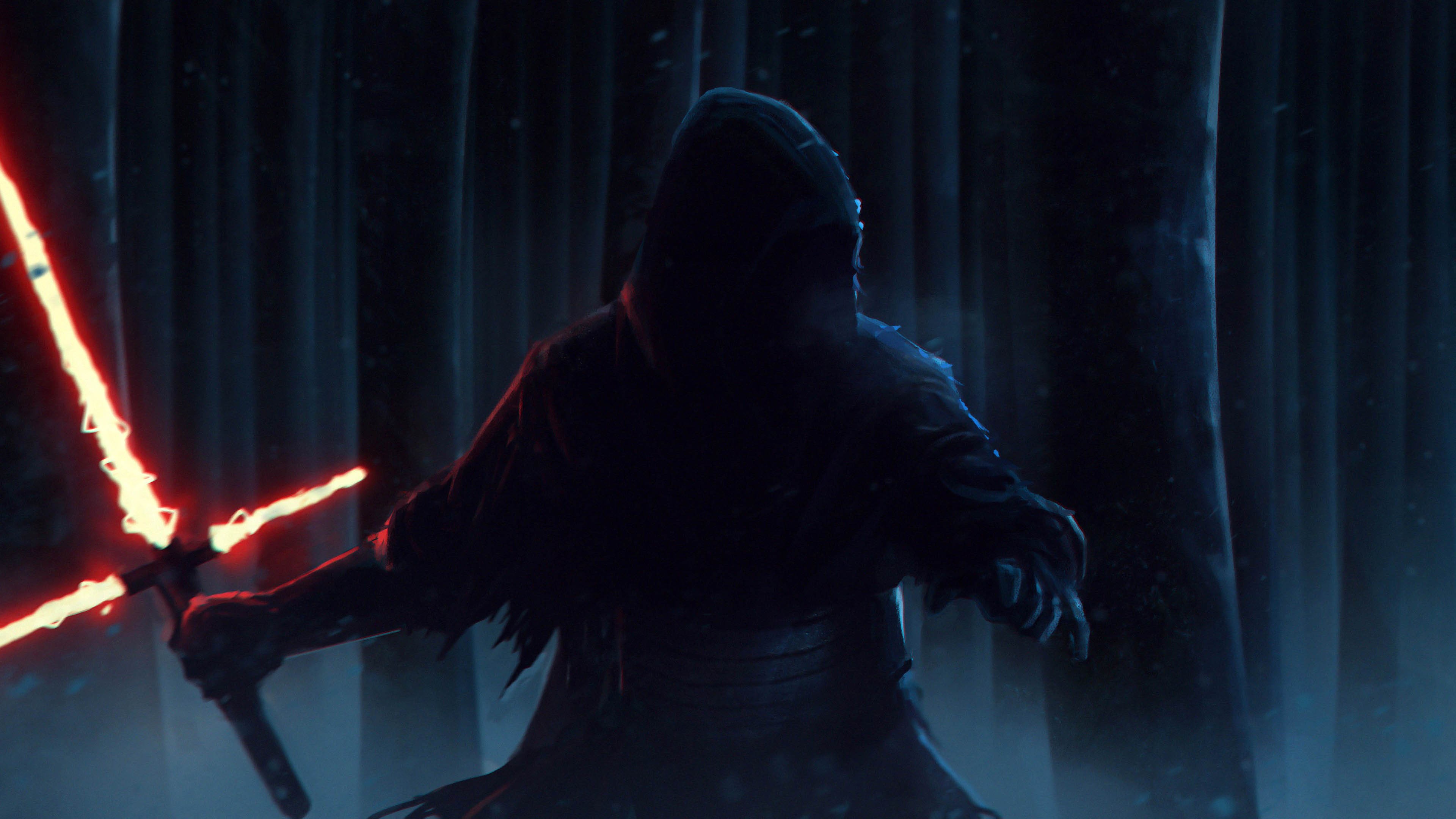 Kylo Ren with crossguard lightsaber in forest HD Wallpaper