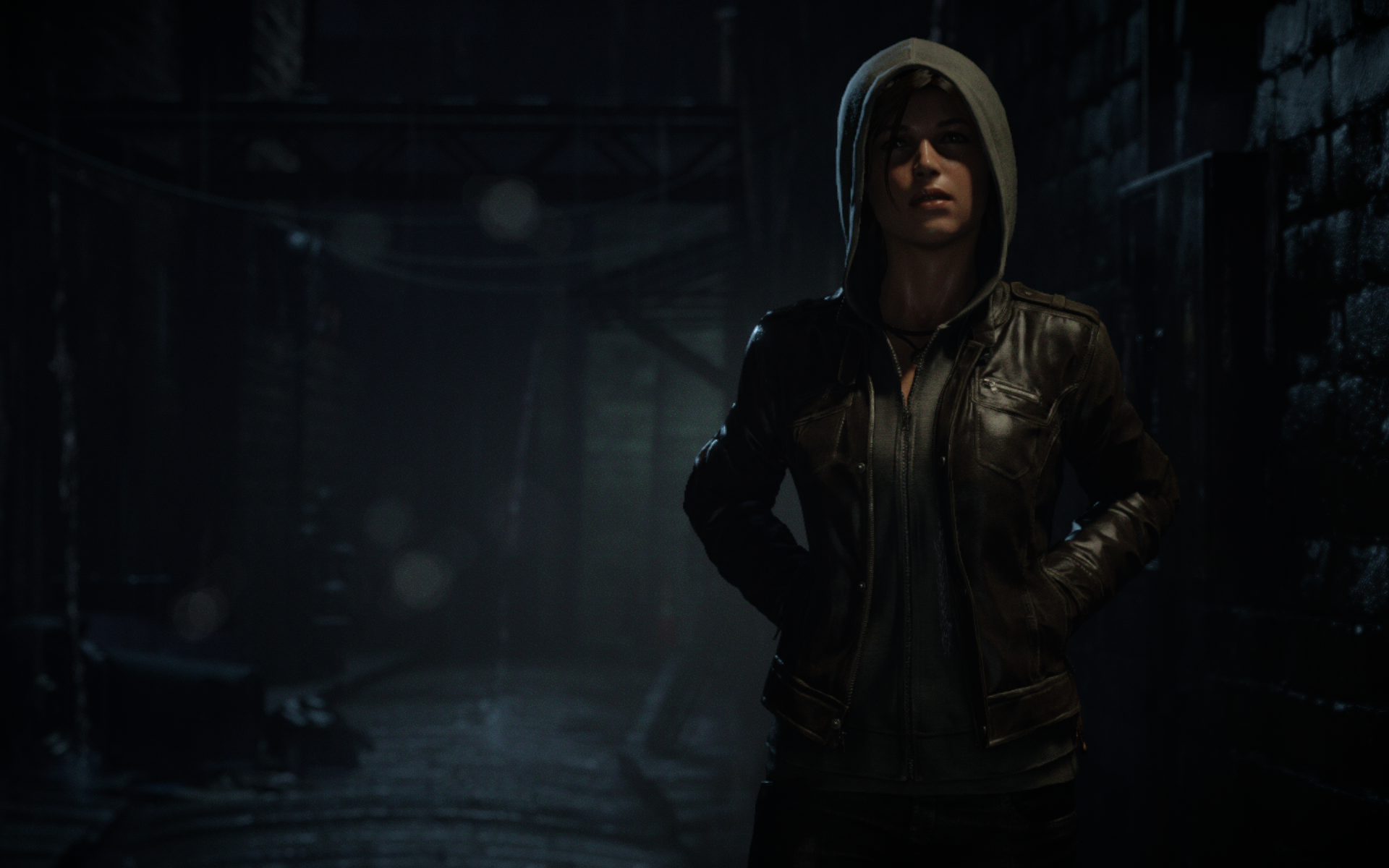 Lara Croft in a dark alleyway HD Wallpaper