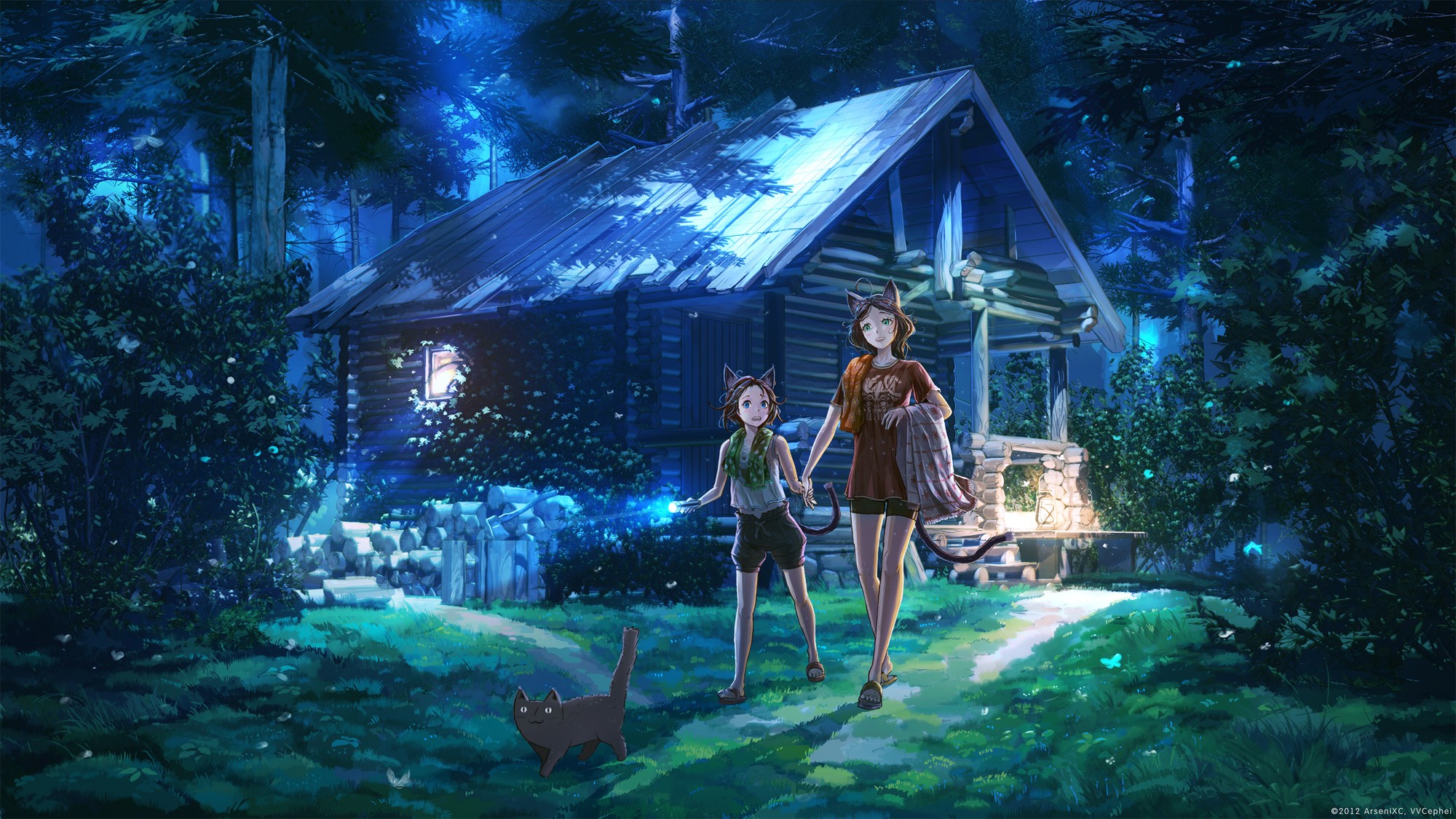 Two nekomimi girls and a cat near a cabin at night HD Wallpaper