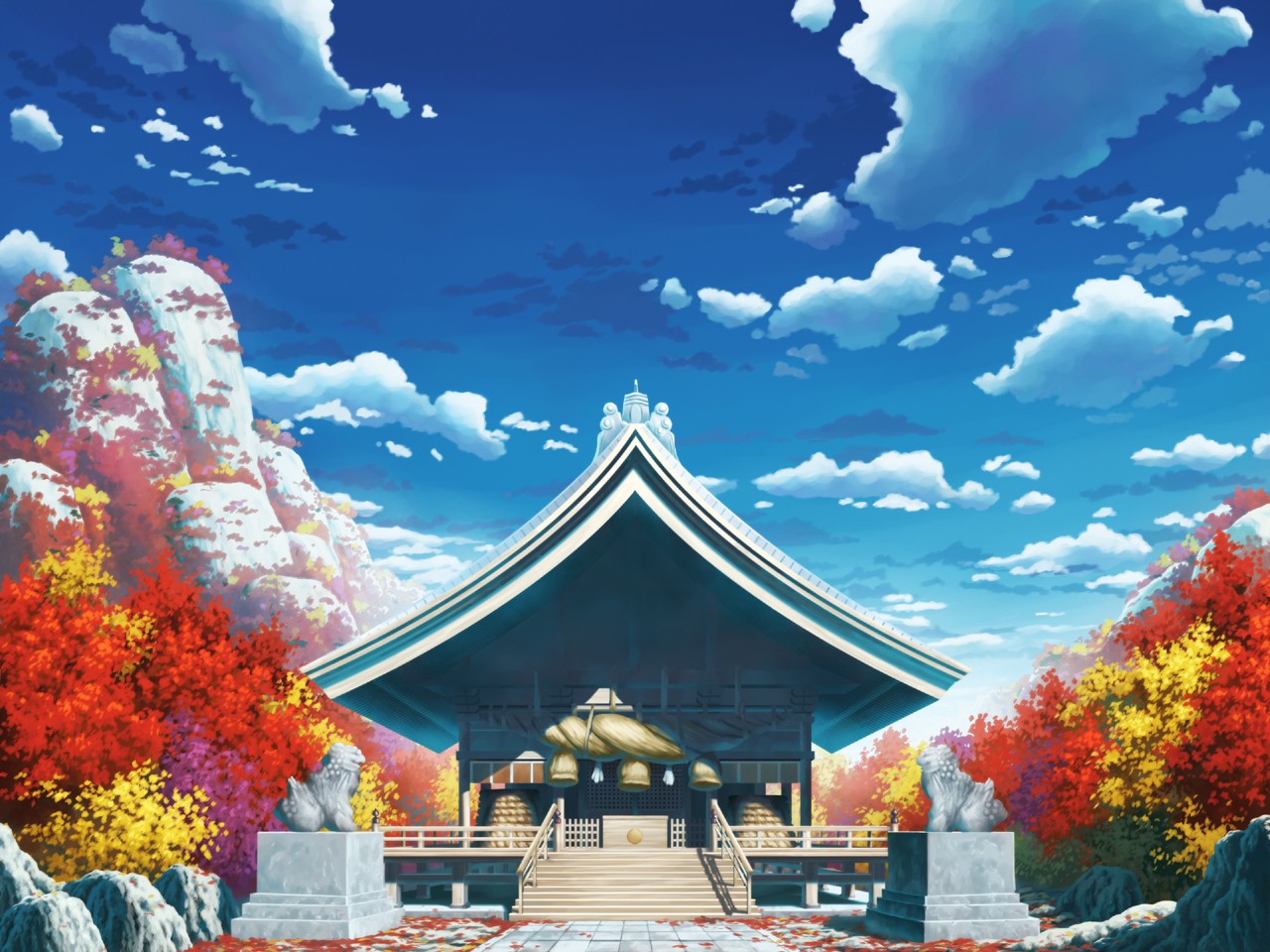 Autumn shrine with mountains and clouds HD Wallpaper