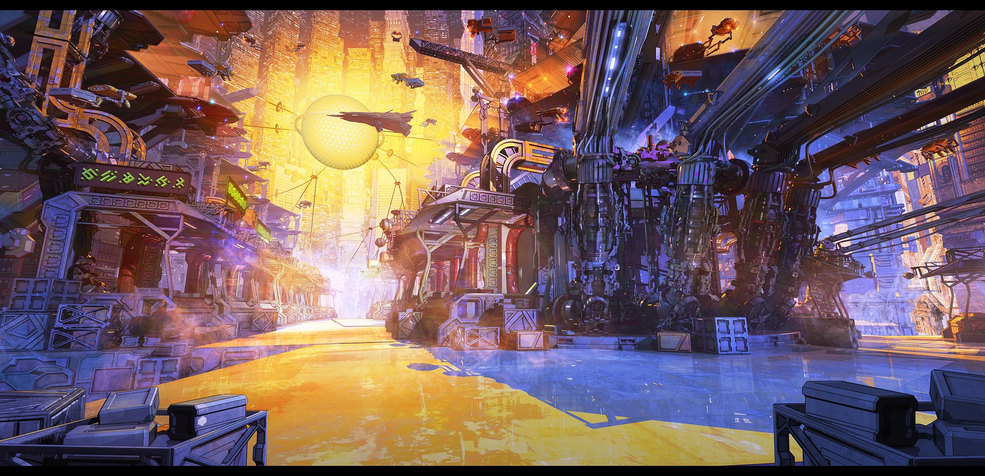 Futuristic city with flying aircraft and glowing orb HD Wallpaper