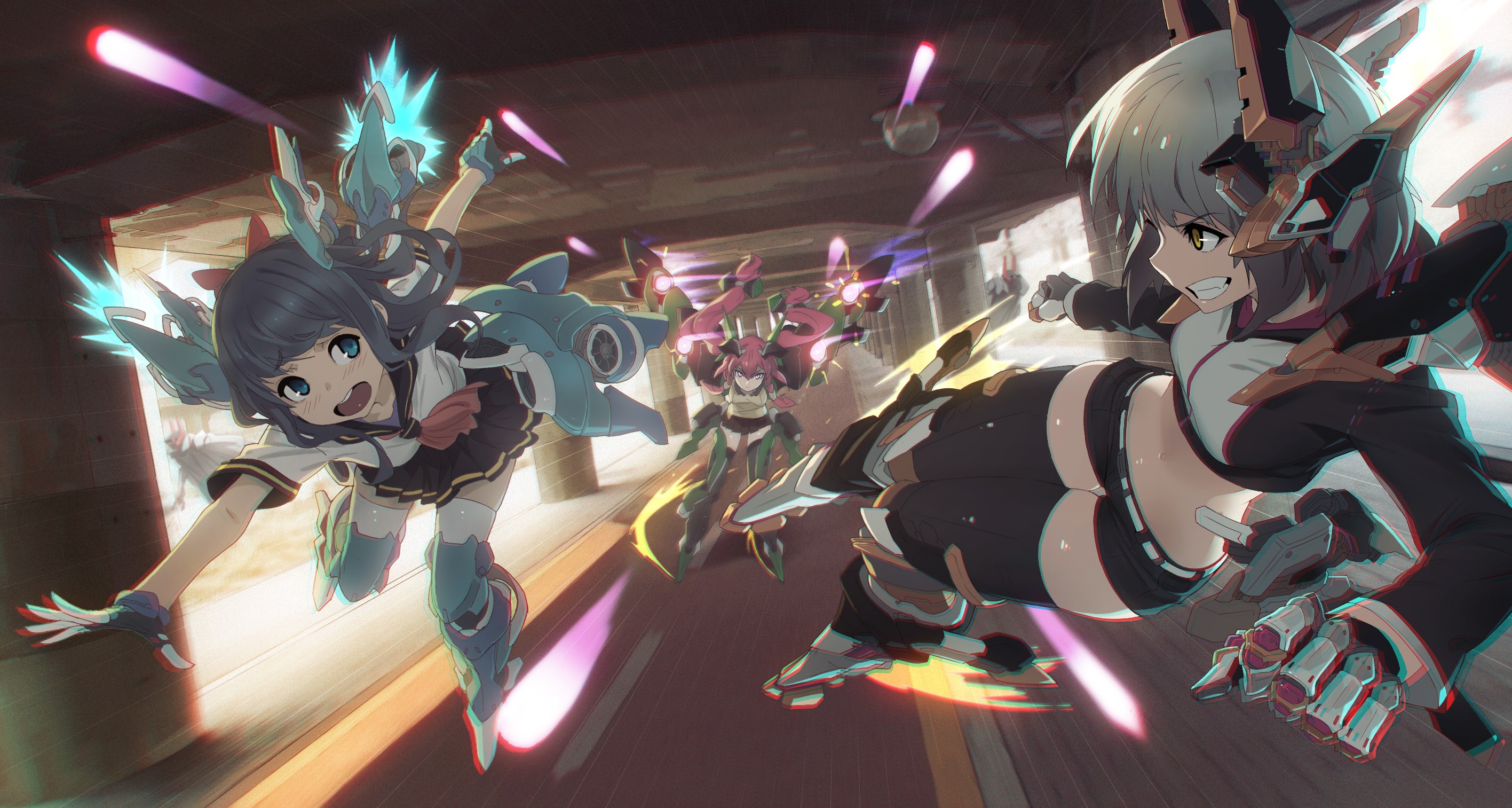 Anime girls in flight suits shooting weapons HD Wallpaper