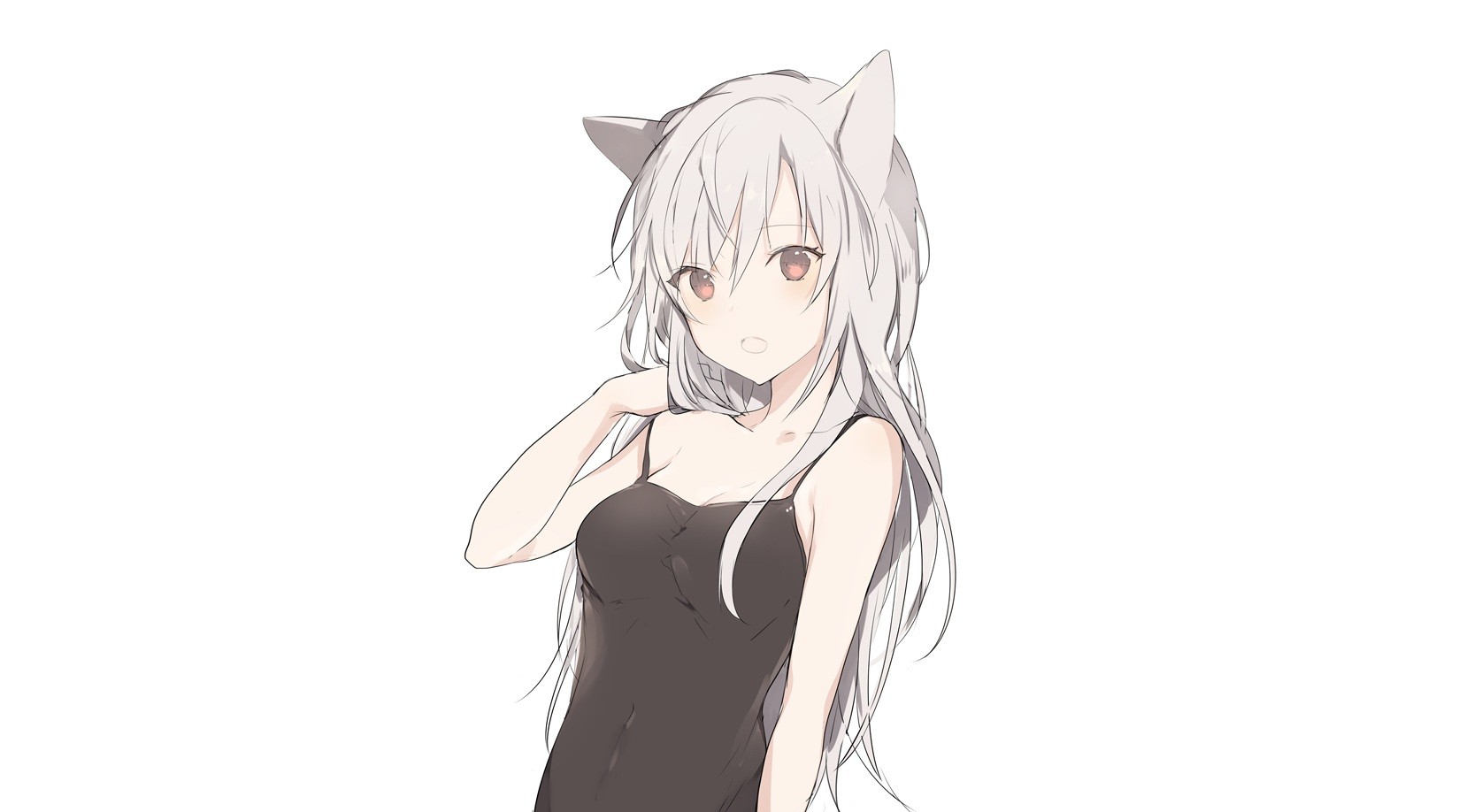 Anime girl with long white hair and cat ears HD Wallpaper