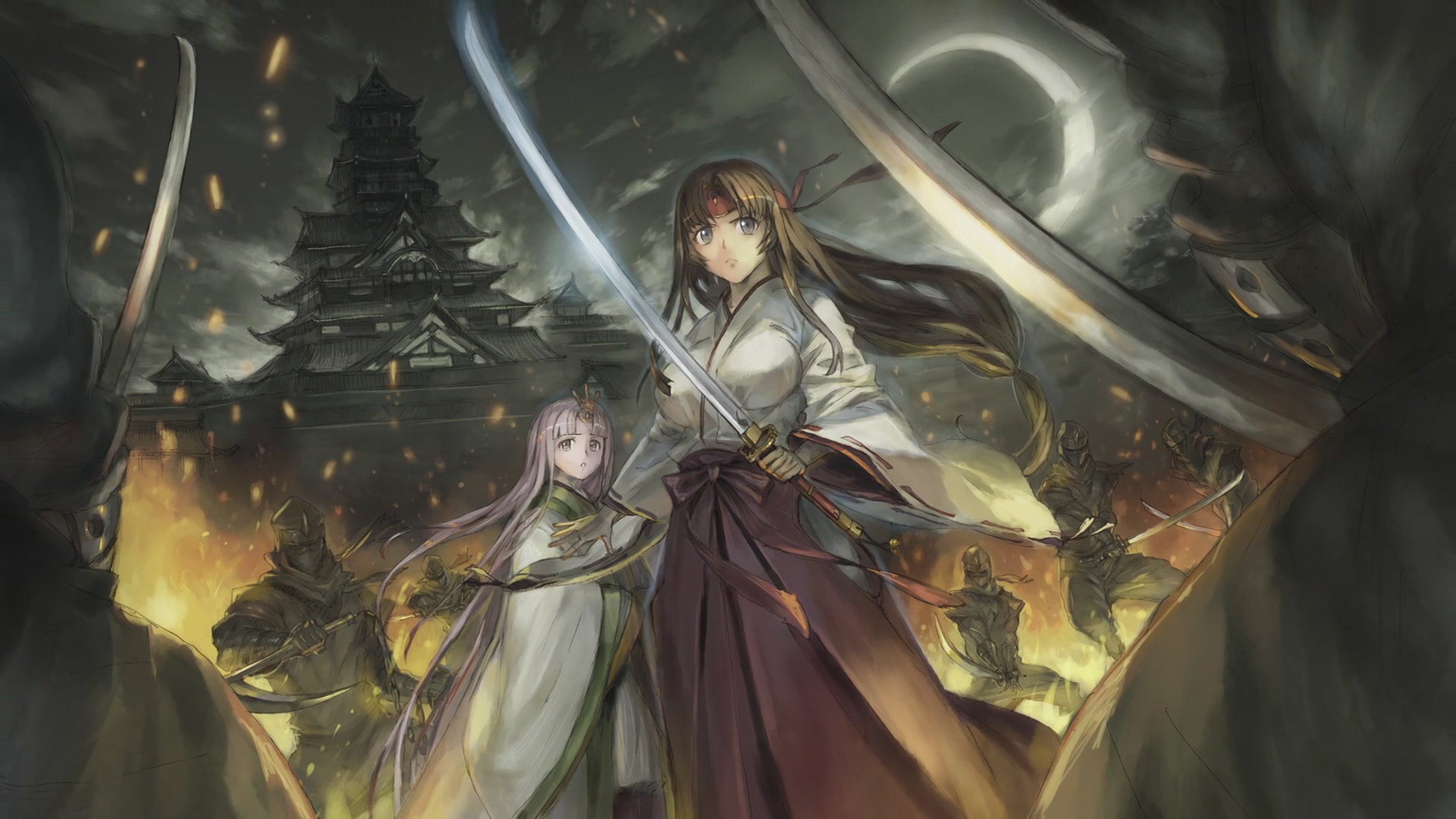 Anime girls with swords in front of a burning castle HD Wallpaper