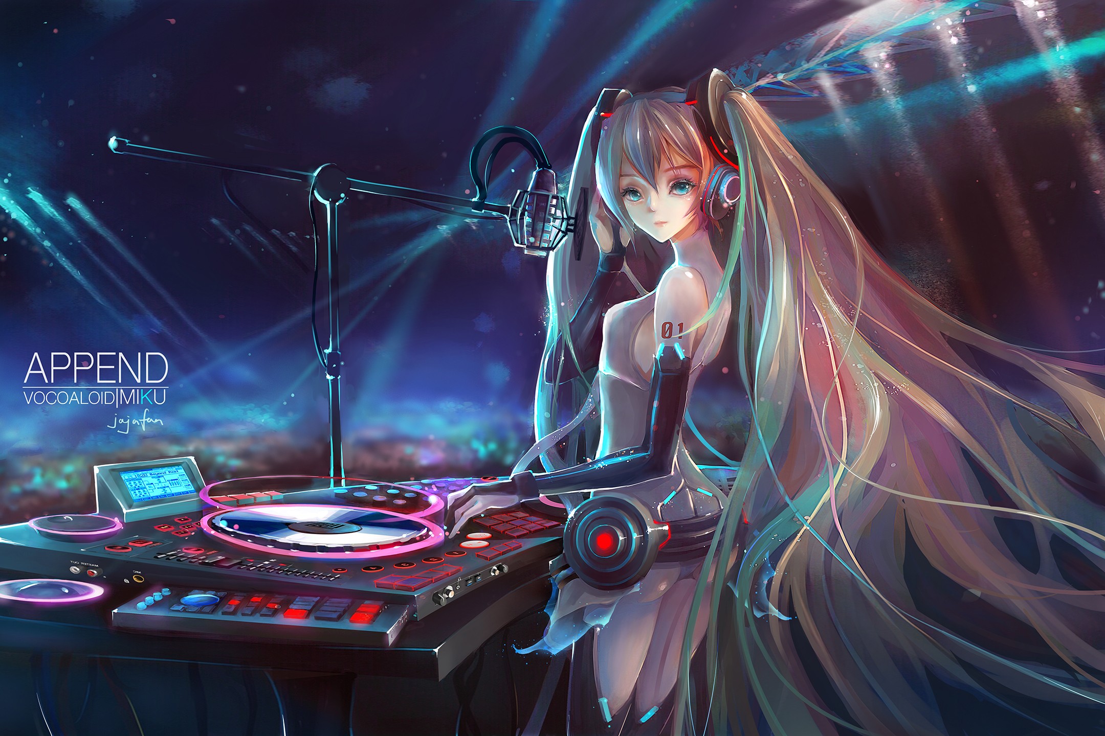 Hatsune Miku DJing with Turntables and Microphone HD Wallpaper
