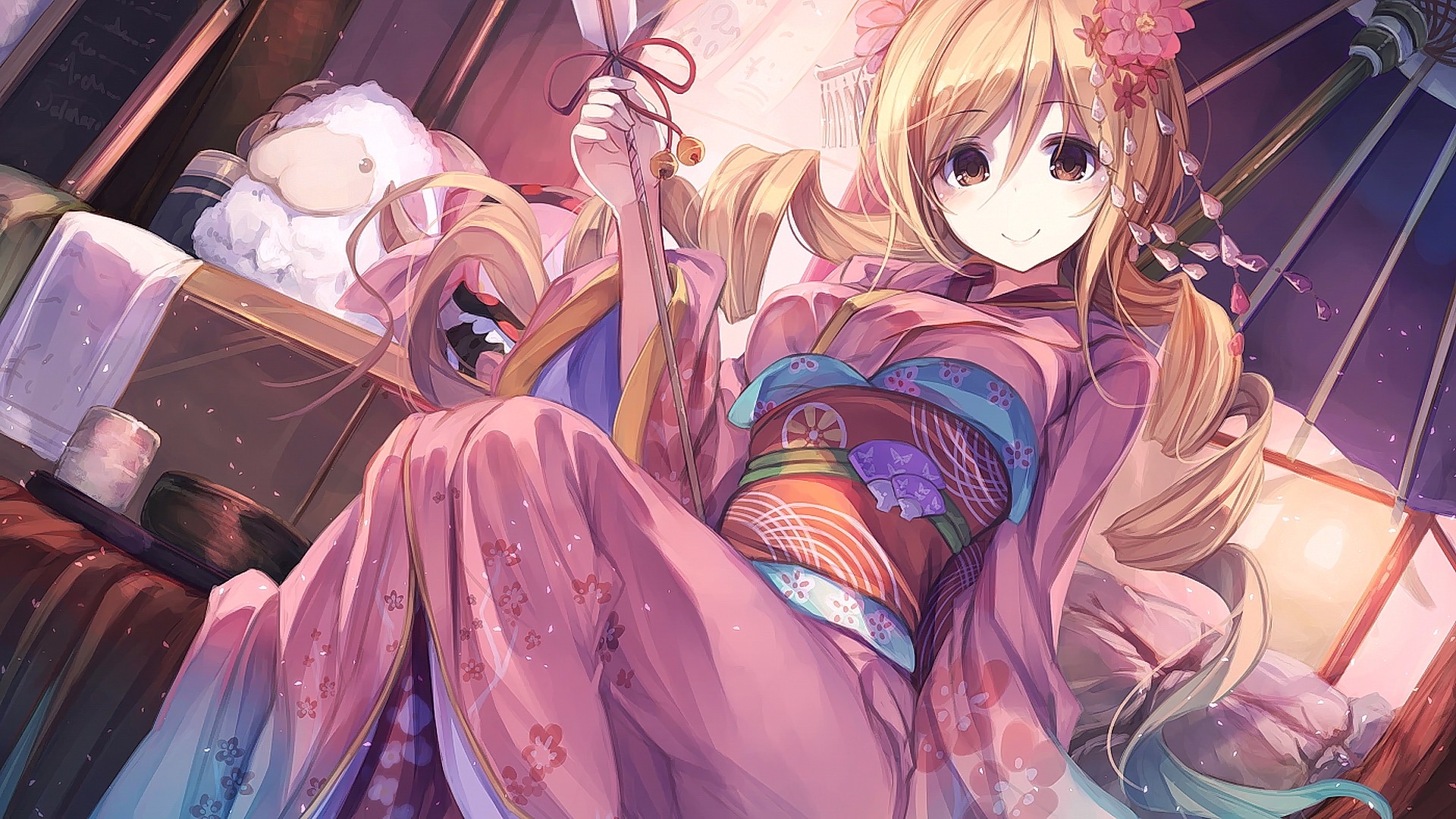 Tomoe Mami in Kimono with Umbrella HD Wallpaper