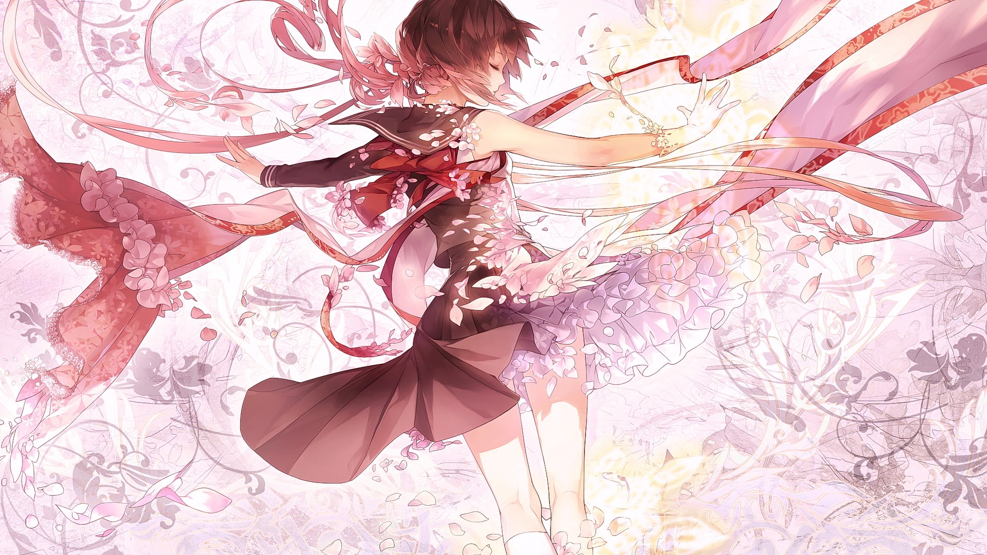 Anime girl with short hair and pink ribbons HD Wallpaper