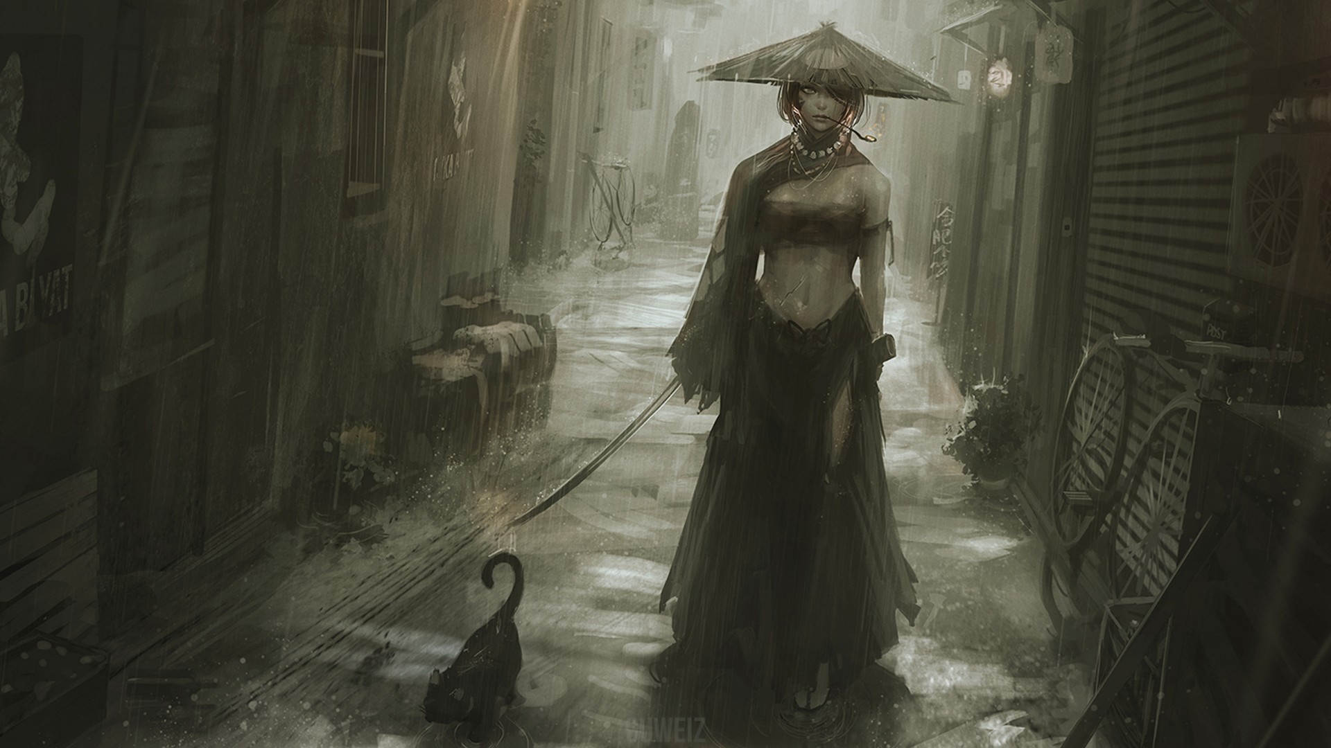 Woman with Katana and Black Cat in Rainy Alley HD Wallpaper