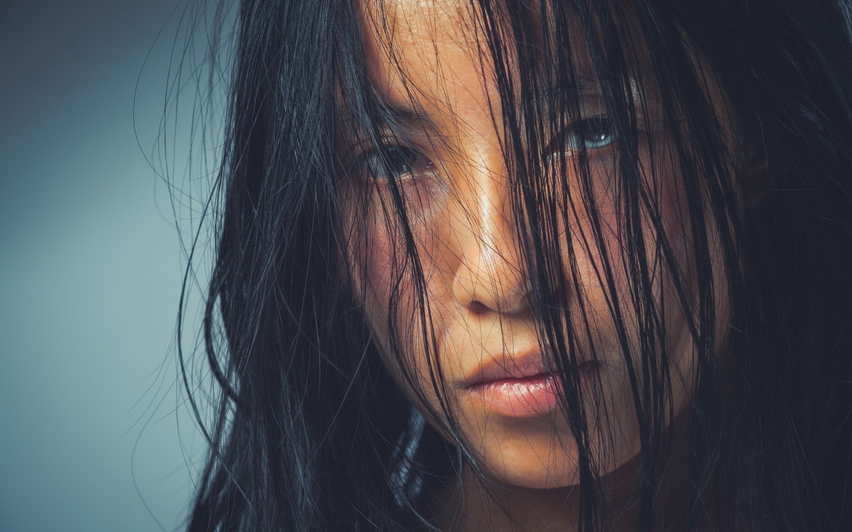 Asian woman with dark hair covering her face HD Wallpaper