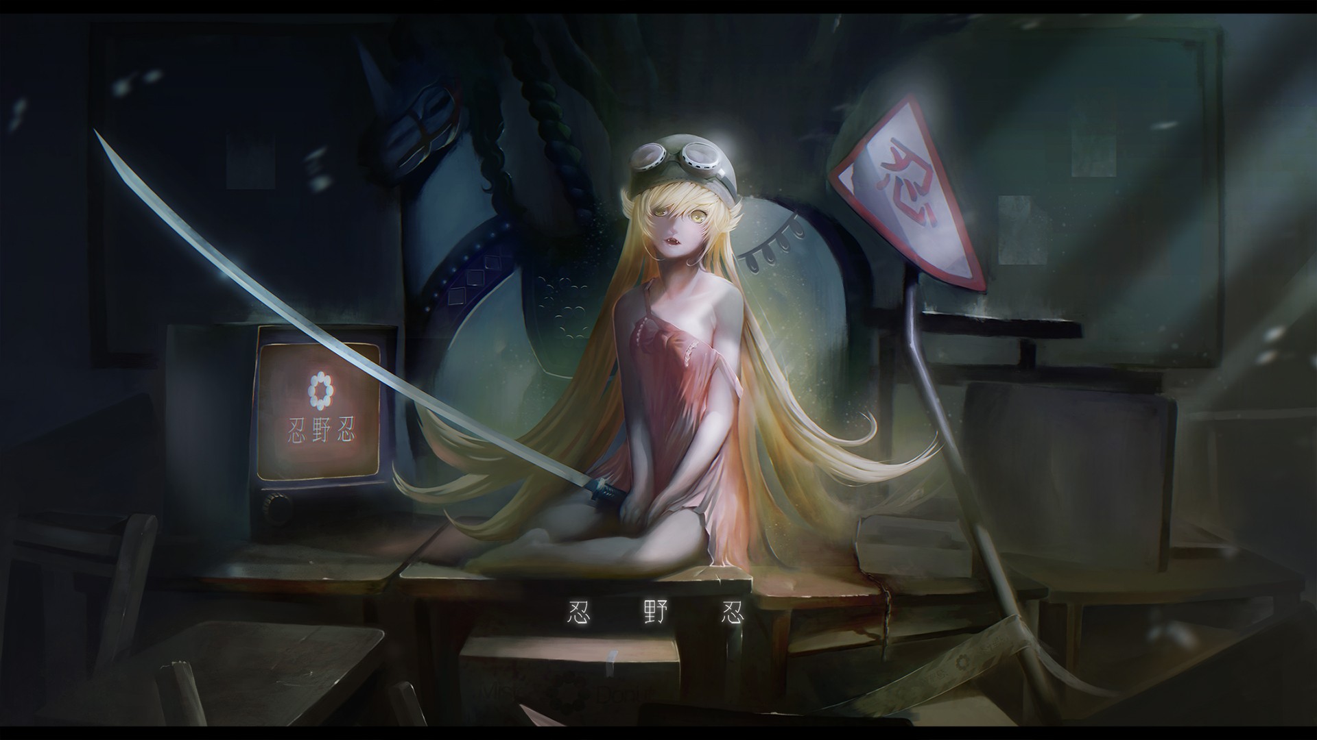 Oshino Shinobu with a sword in a dark room HD Wallpaper