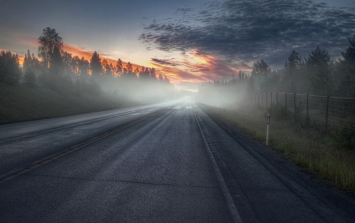 Misty road at sunrise with trees and fence HD Wallpaper