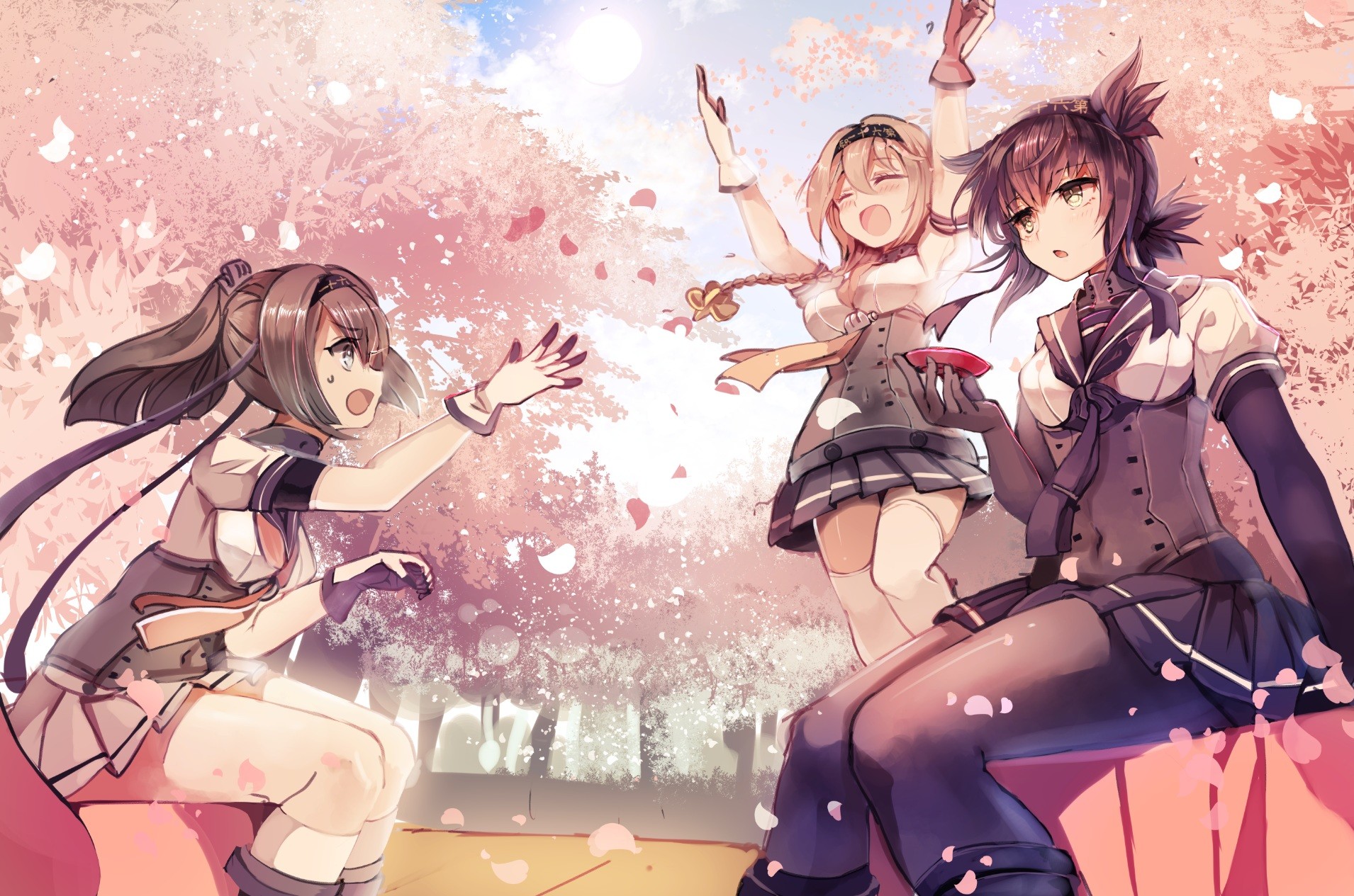 Kantai Collection girls enjoying cherry blossoms HD Wallpaper