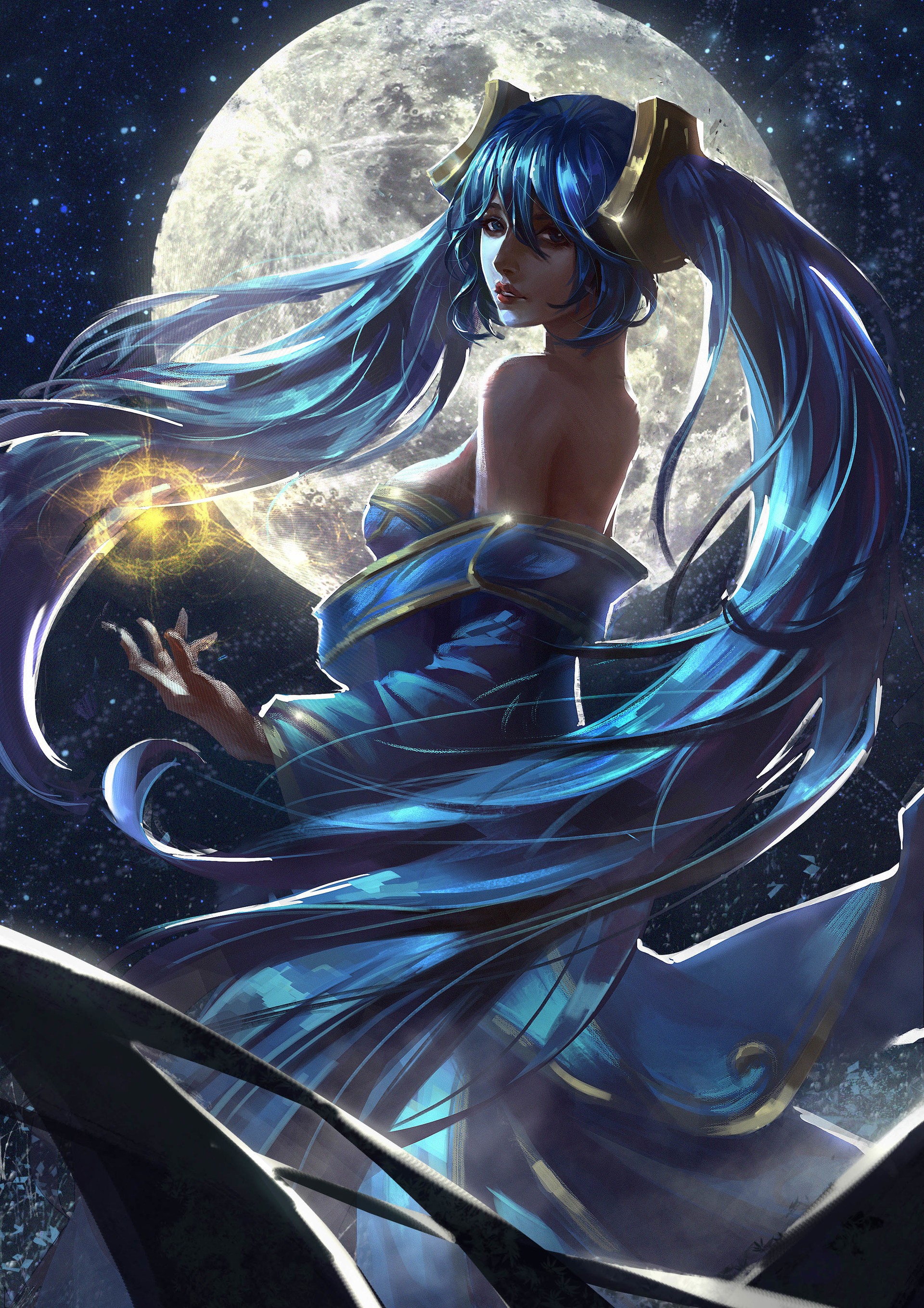 Sona from League of Legends under the moon HD Wallpaper
