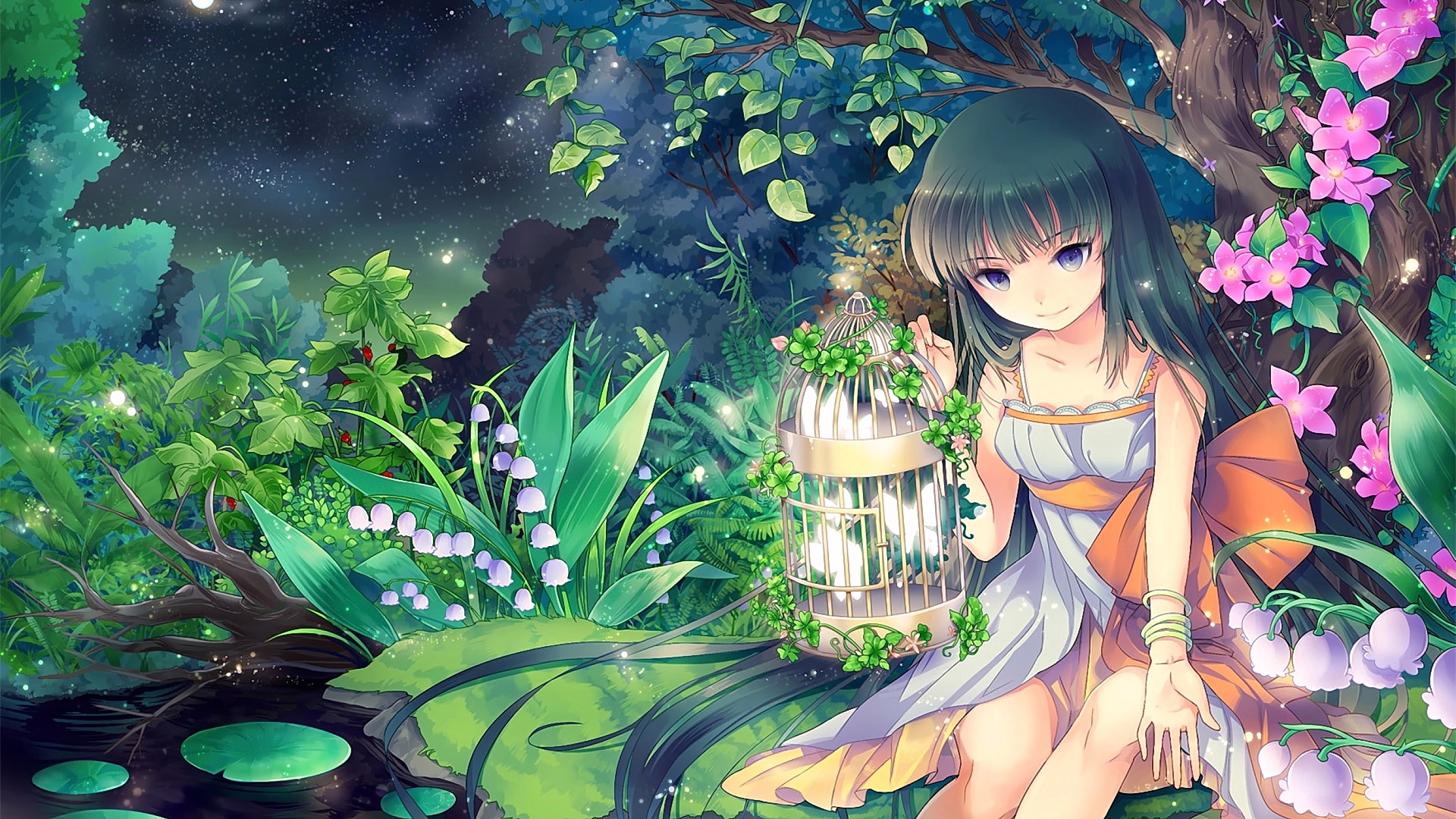 Anime girl with long hair sitting in a magical forest at night HD Wallpaper