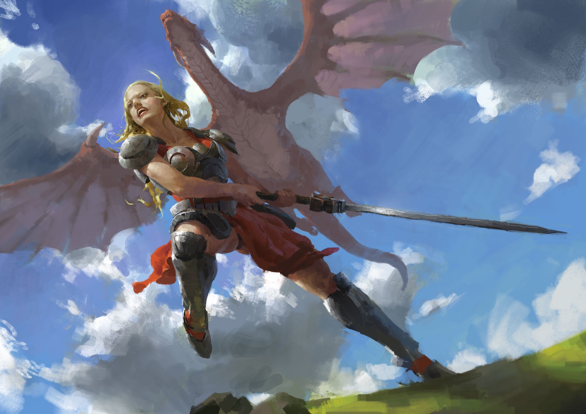 Woman fighting a dragon in the sky HD Wallpaper