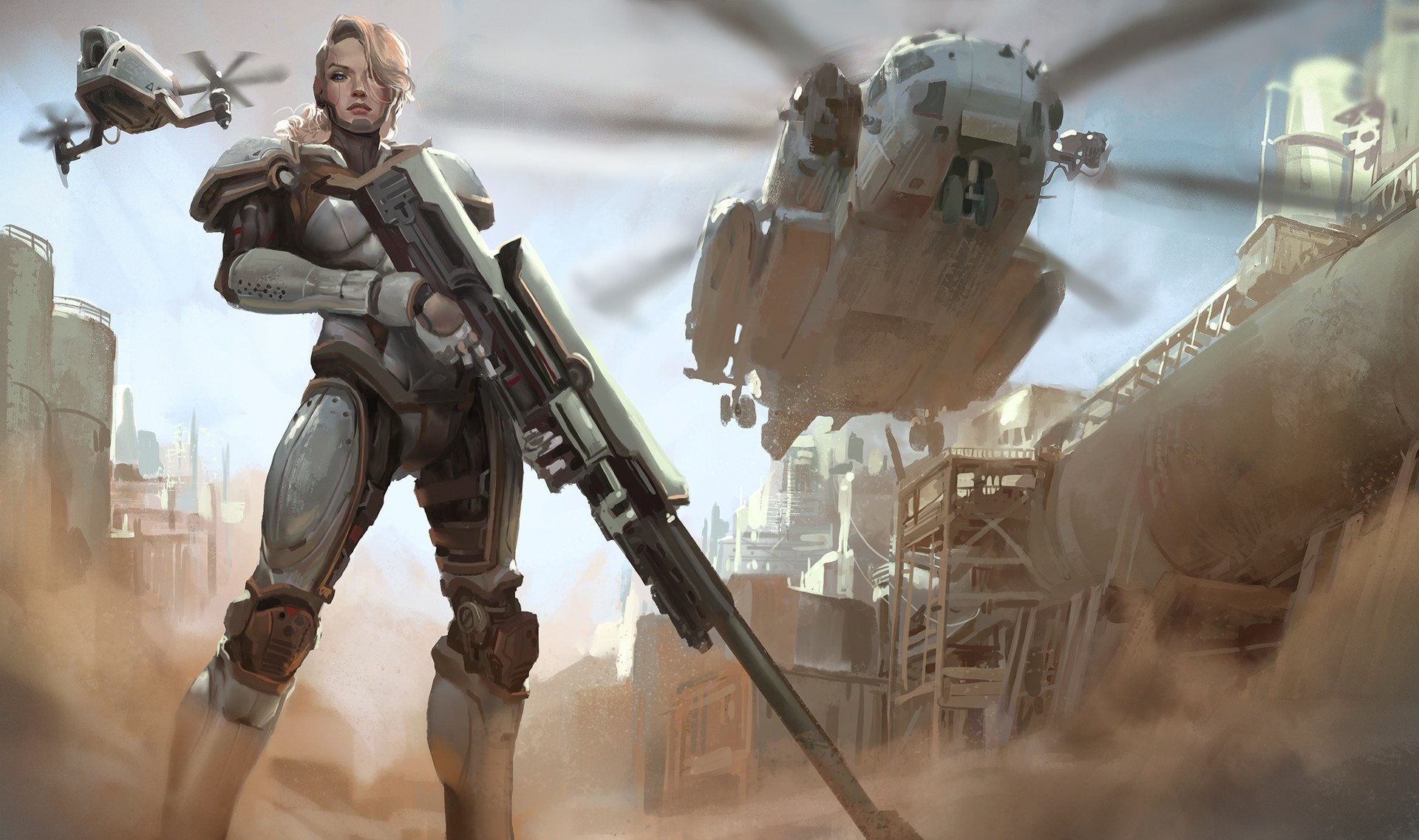 Futuristic soldier with sniper rifle and drones HD Wallpaper