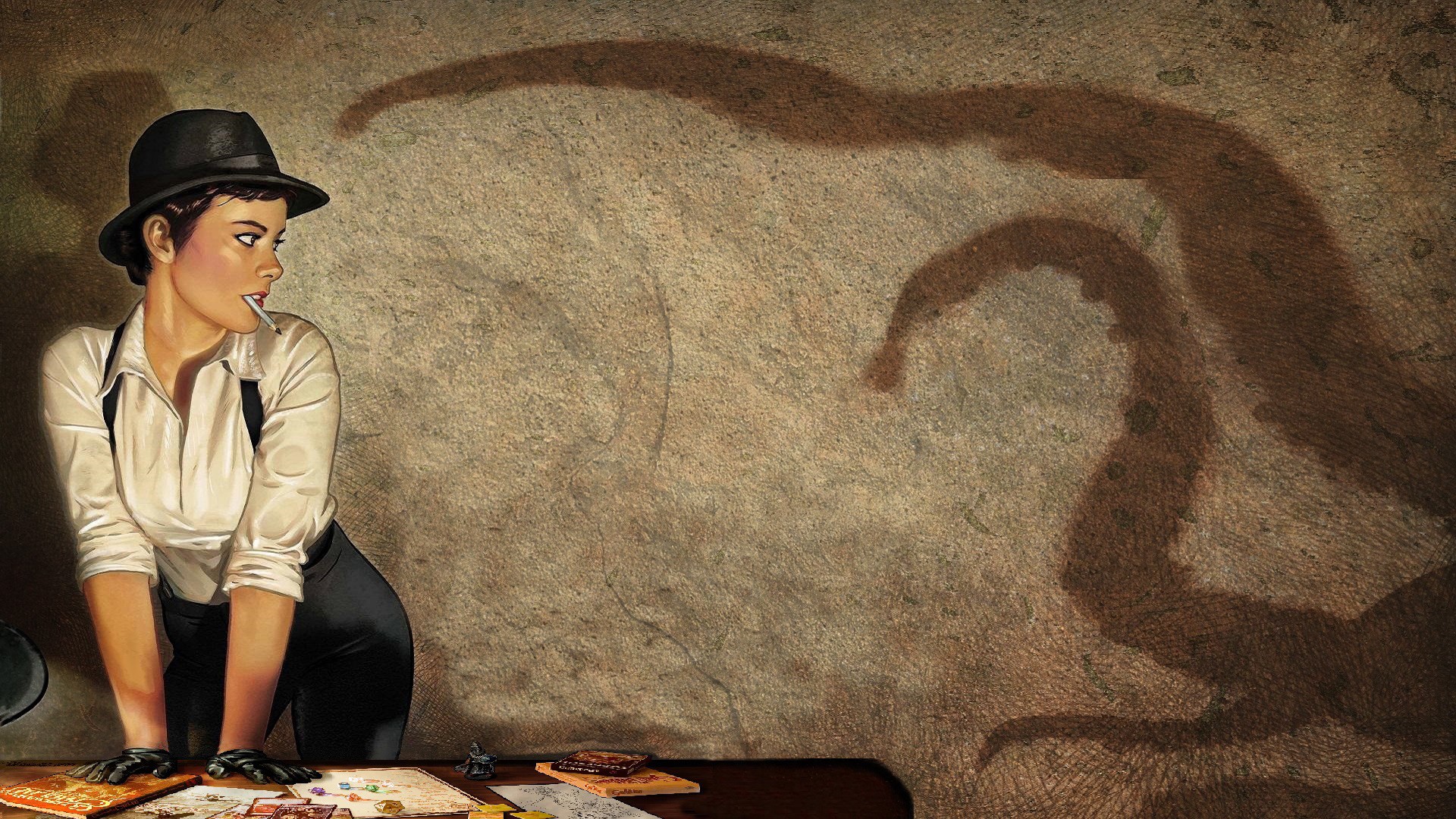 Woman in fedora and suspenders with Cthulhu shadow HD Wallpaper