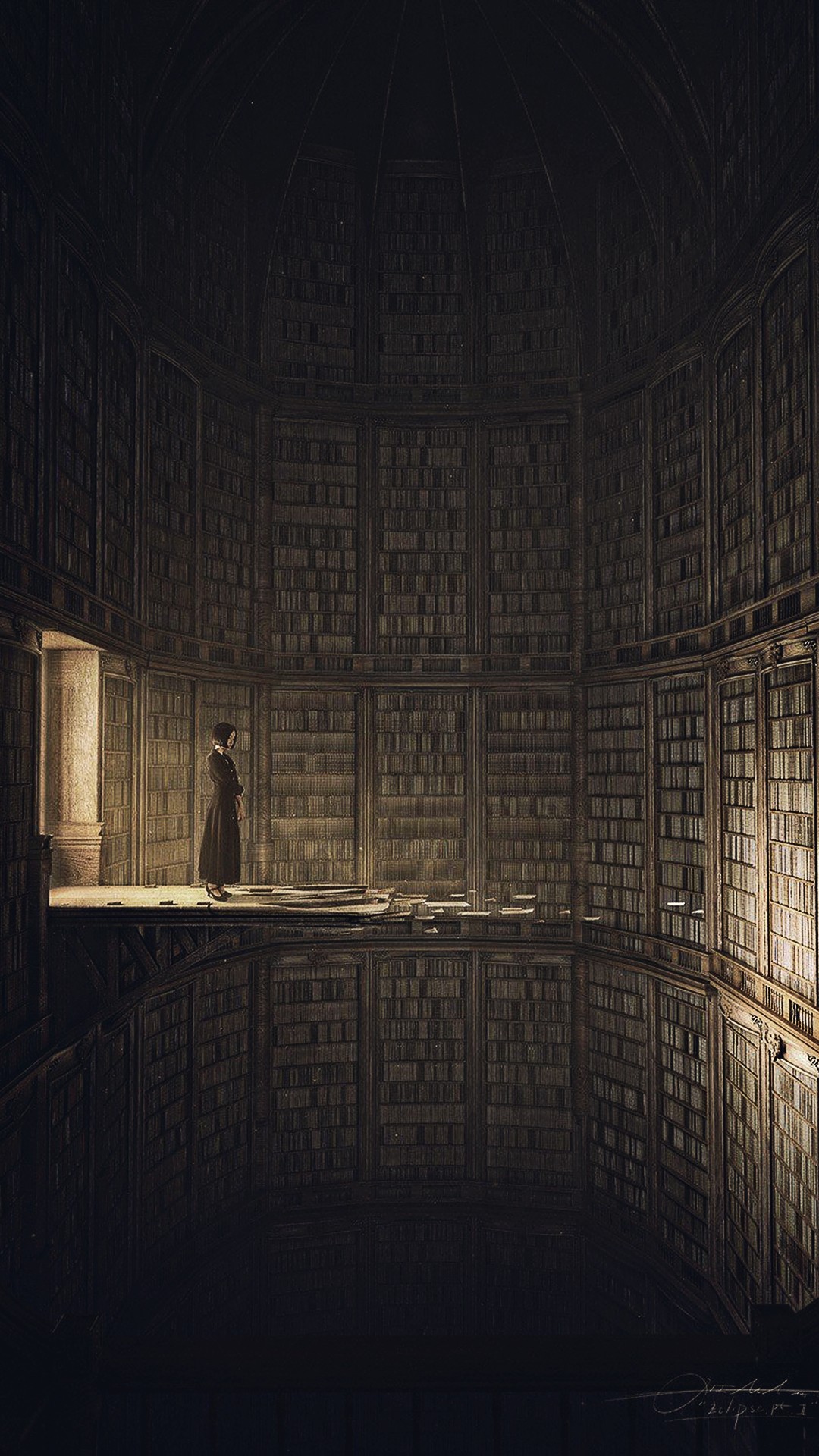 Woman in a vast library with reflections HD Wallpaper