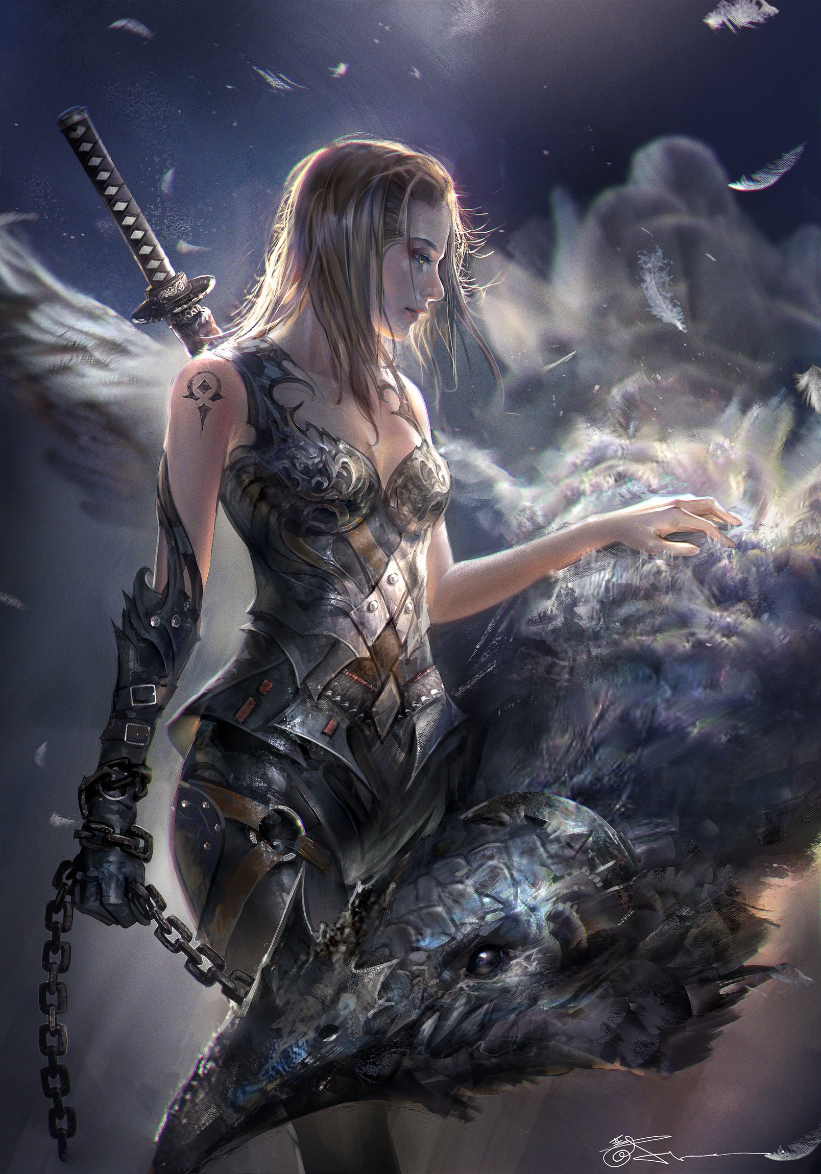 Fantasy woman with sword and bird creature HD Wallpaper