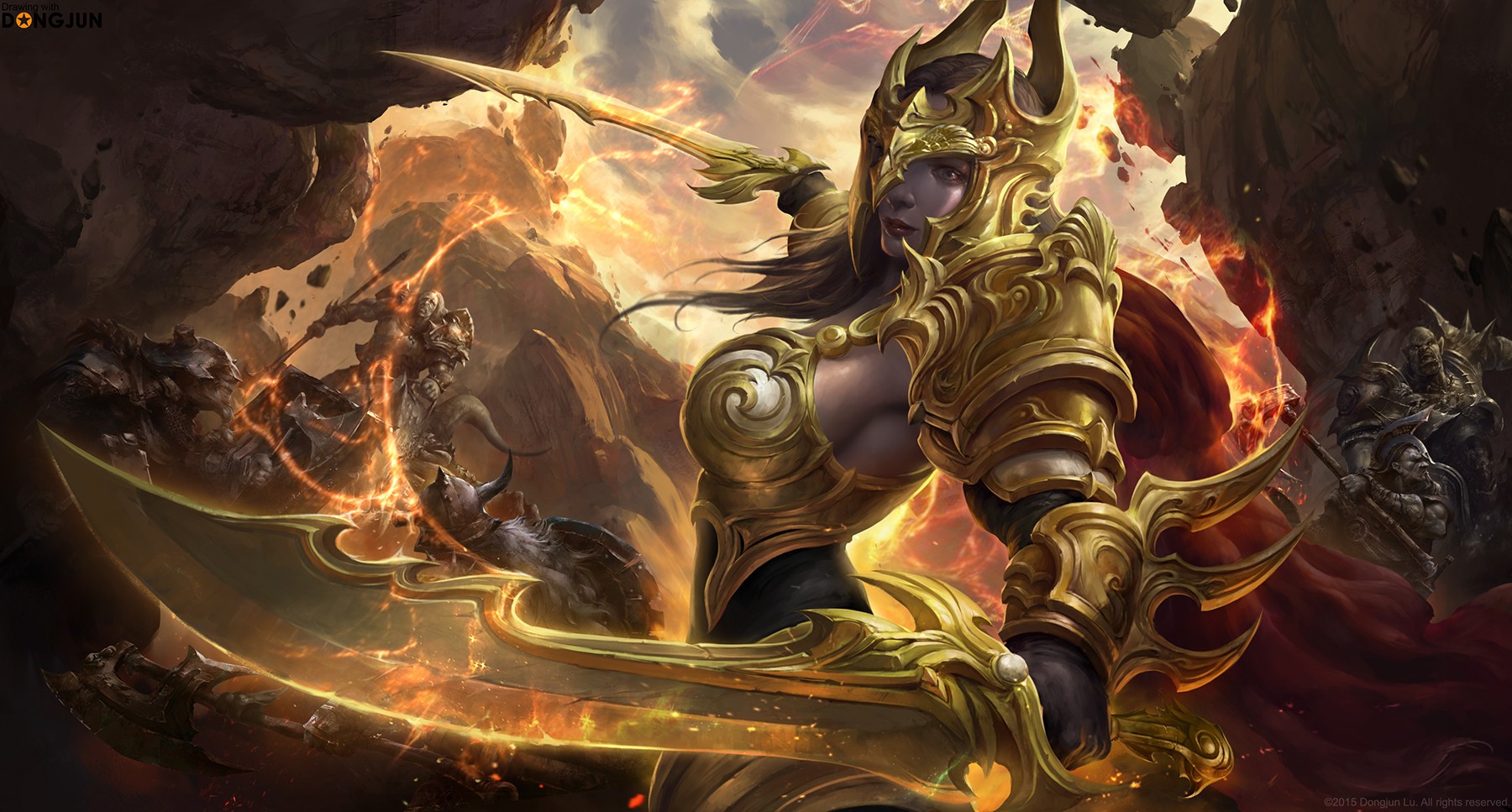Fantasy warrior with golden armor and swords HD Wallpaper