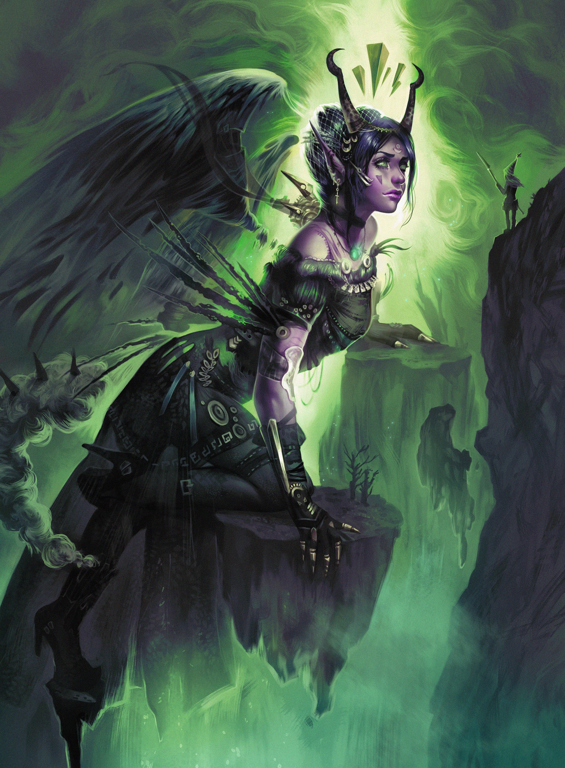 Fantasy art of a winged demoness with horns HD Wallpaper