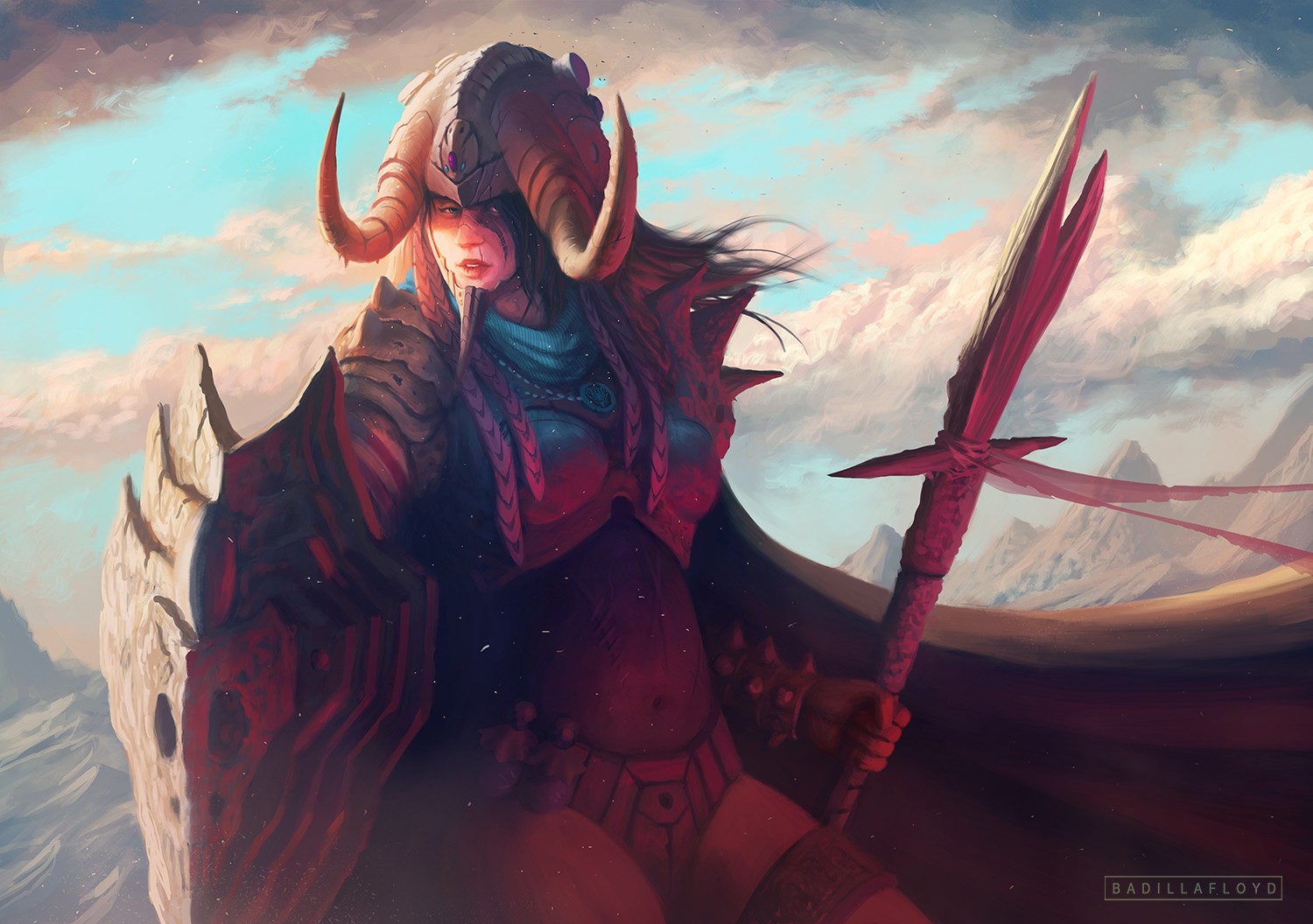 Warrior with ram horns and spear in mountains HD Wallpaper