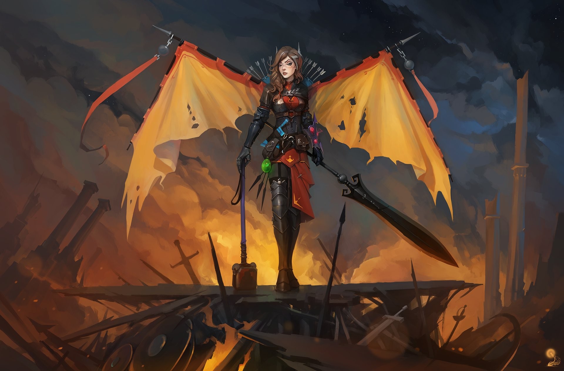 Fantasy warrior with tattered wings and greatsword HD Wallpaper
