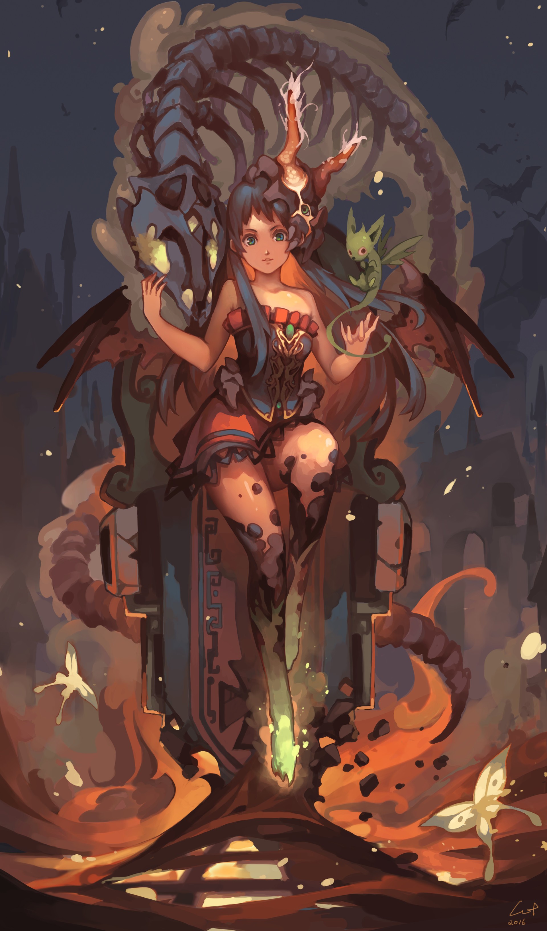 Girl with dragon skeleton and fairy companion HD Wallpaper